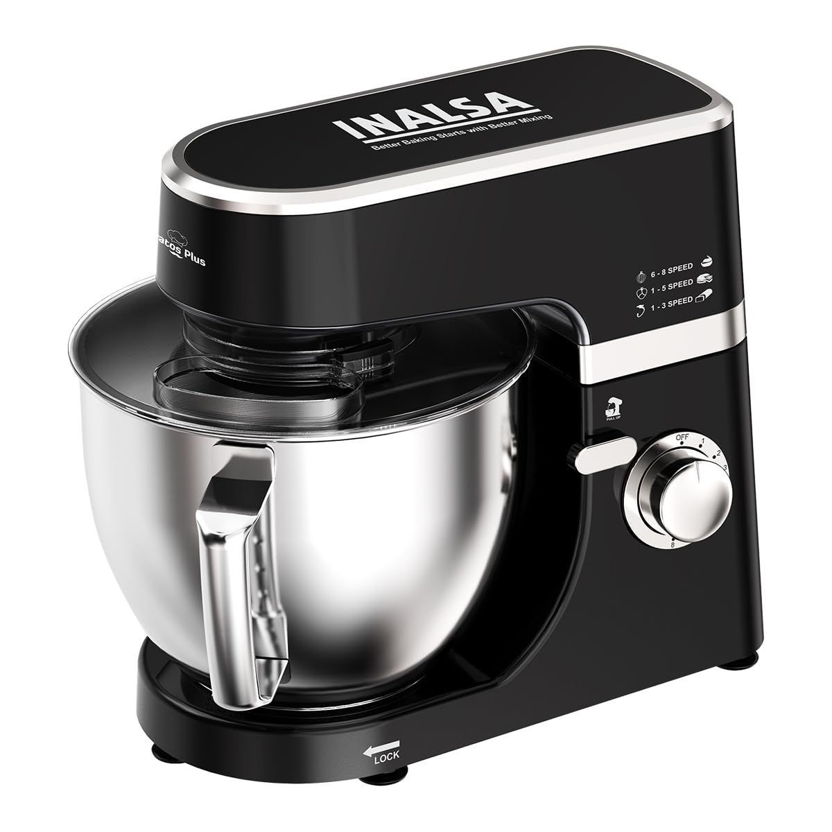 INALSA Stand Mixer Professional Esperto | 100% Pure Copper Motor| 6L SS Bowl| Includes Whisking Cone, Mixing Beater & Dough Hook (Silver/Red)