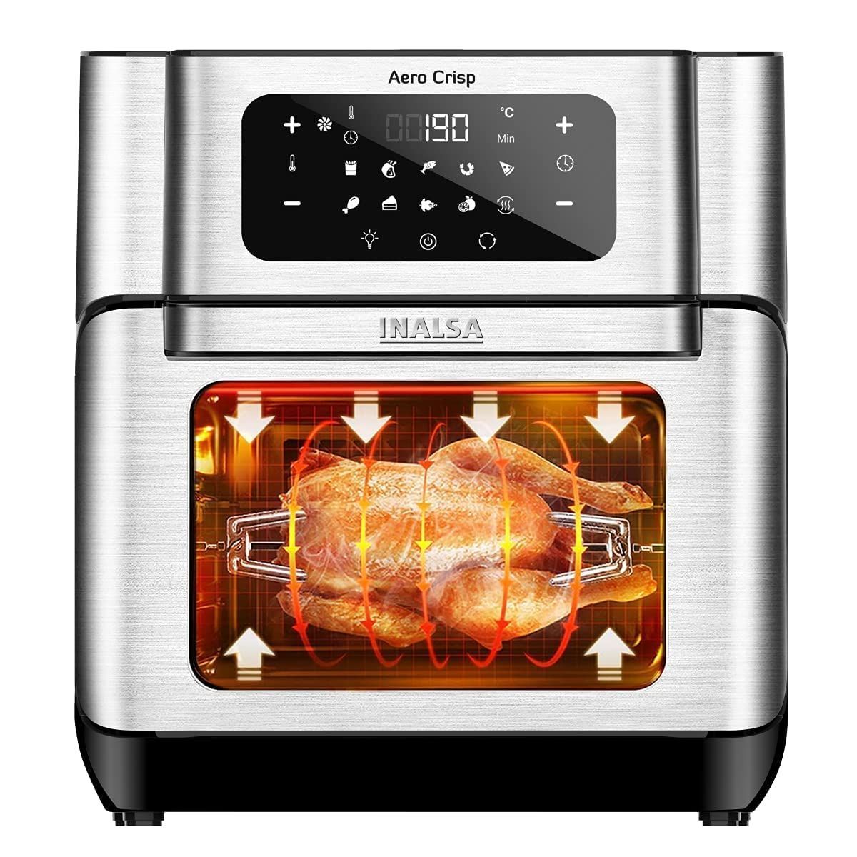 INALSA Stainless Steel Air Fryer Capacity |Air Fryer Oven| Air Fry,Bake,Grill,Roast,Dehydrate & Reheat Function|Touch Screen