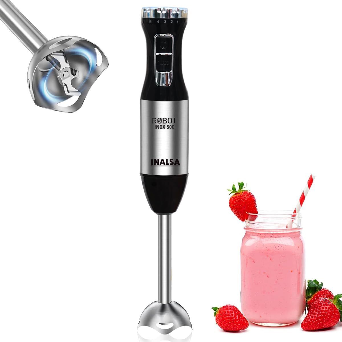 INALSA Electric Hand Blender|Powerful Super Silent 100% Copper Motor|Anti-Splash Technology|Variable Speed &Turbo Function|Home&kitchen|Stainless Steel Blade|Detachable Stem|(RobotInox750S)