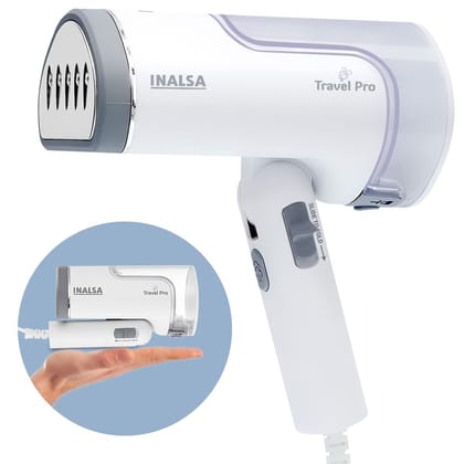 INALSA Garment Steamer 1250 W Steam Iron for Clothes-Vertical & Horizontal Ironing|Compact & Foldable|Quick Heat up to 22g/min, Kills 99.9%*Bacteria|steamer for clothes(White/Grey)-Travel Pro