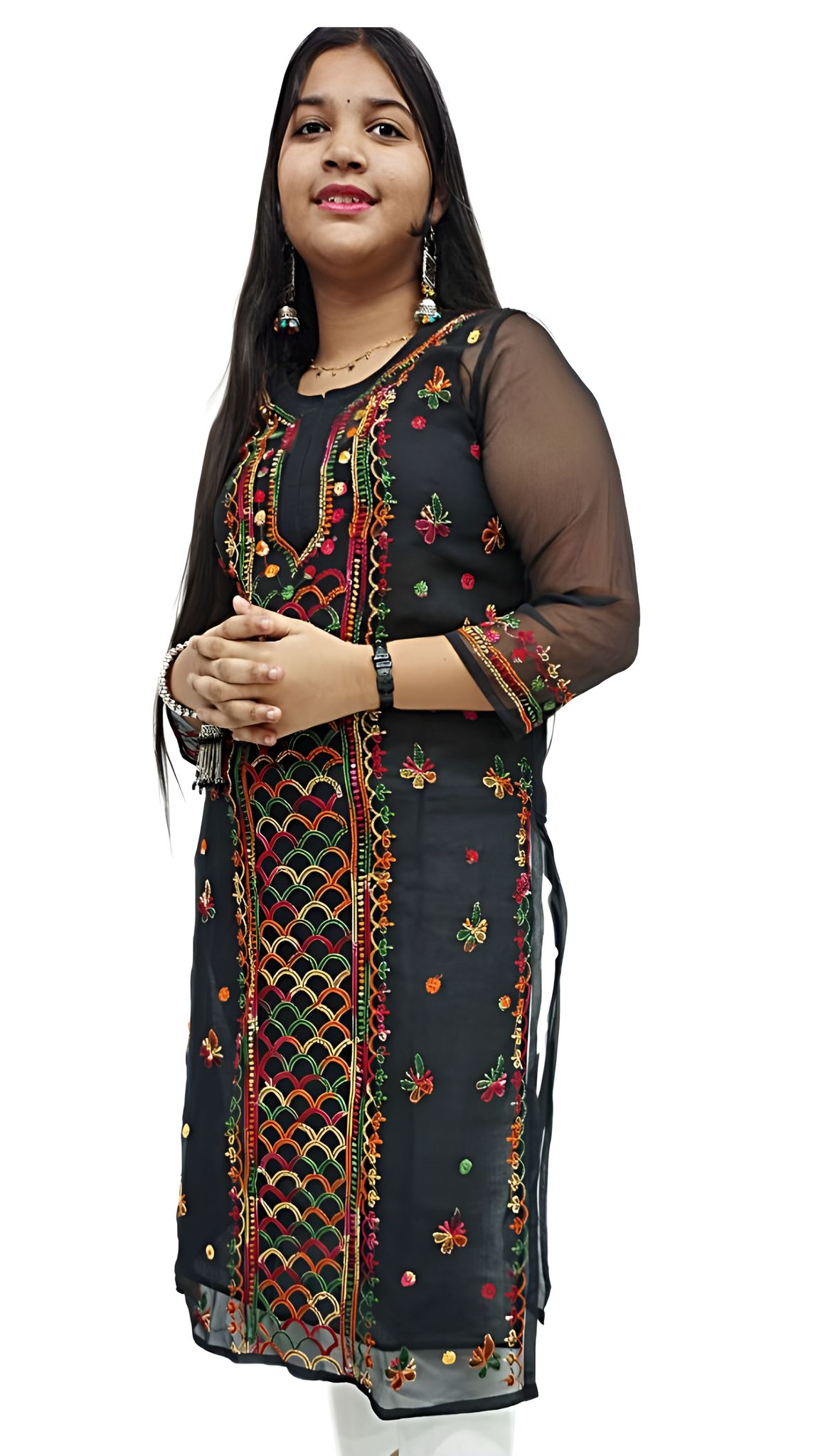 SATKAAR Stylish Trending Designer Hand Embroidery Chikankari Georgette Rasham Thread Work Kurti