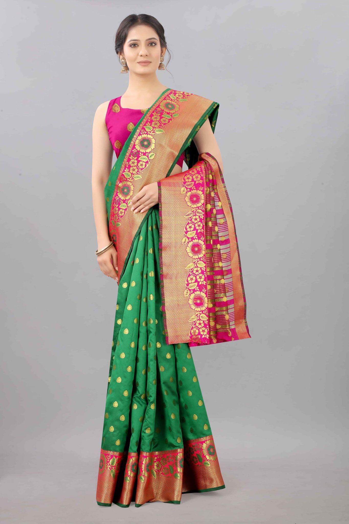 Green &amp; Gold Zari Woven Banarasi Silk Saree