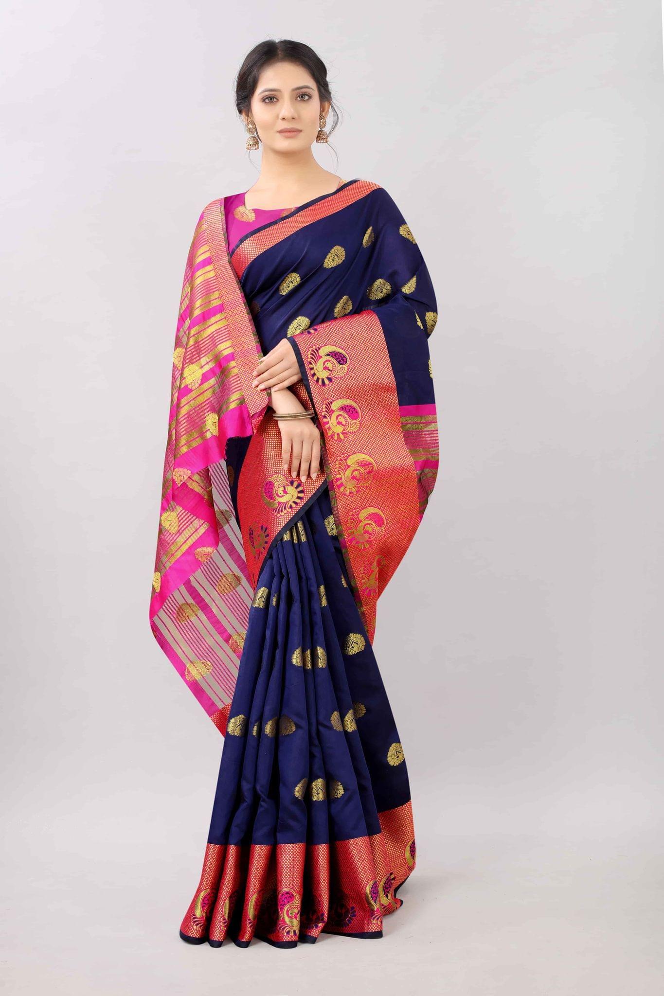 Blue &amp; Gold Zari Woven Banarasi Silk Saree
