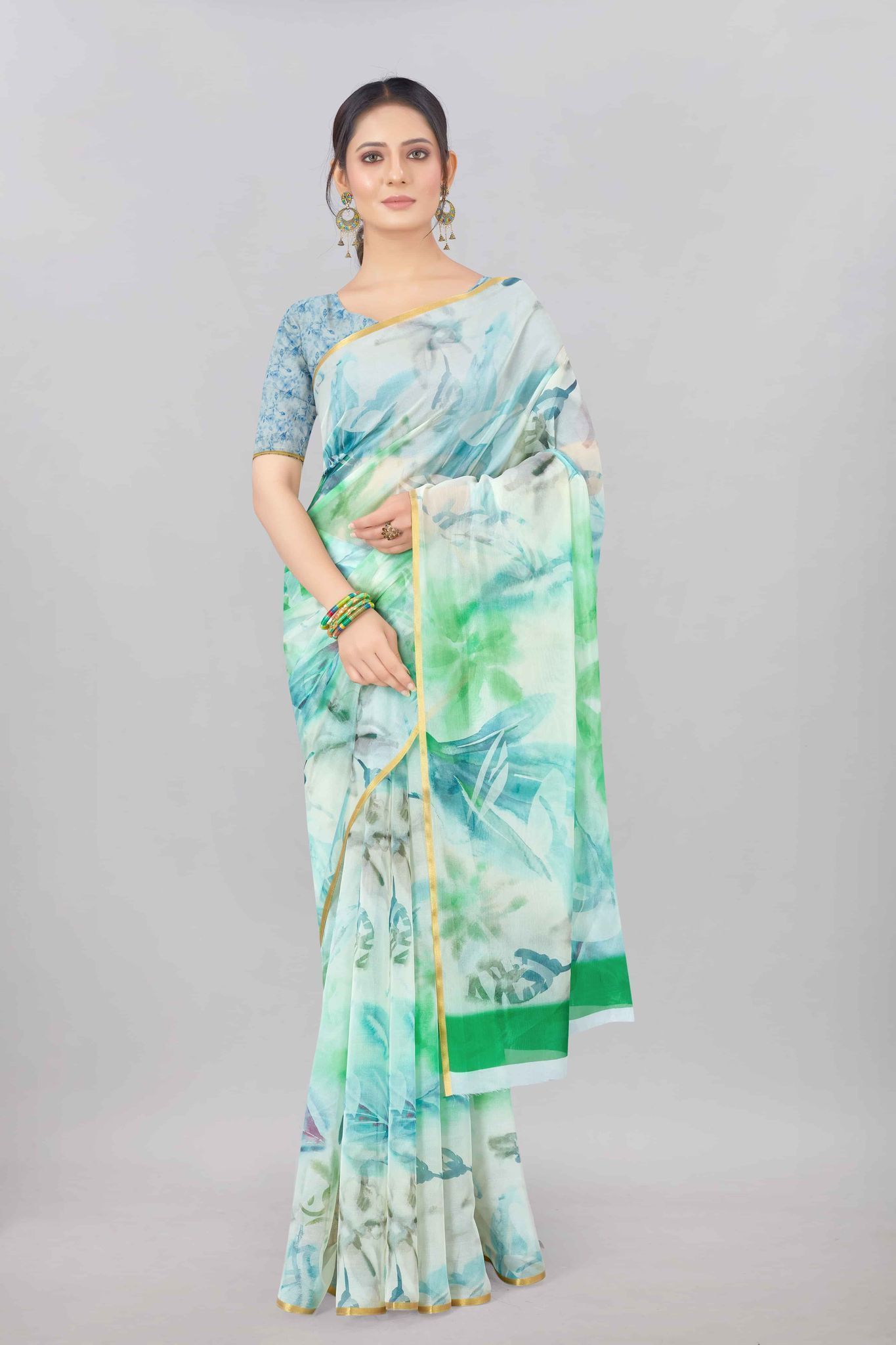 Green Organza Digital Printed Saree with Zari Border