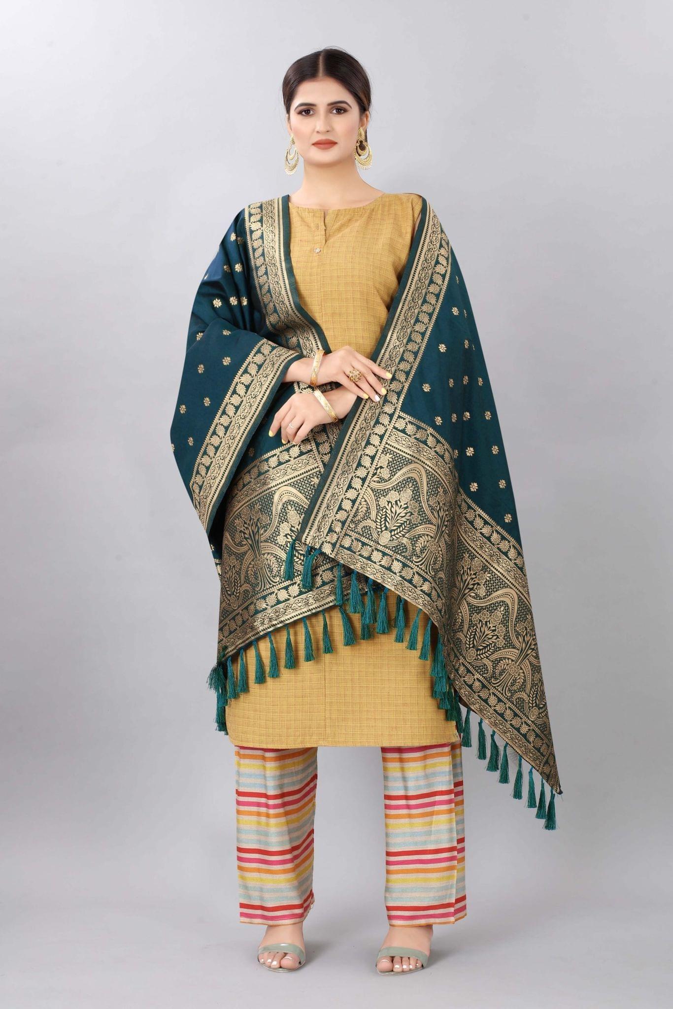 Dark Blue &amp; Gold-Coloured Woven Design Jacquard Banarasi Dupatta
