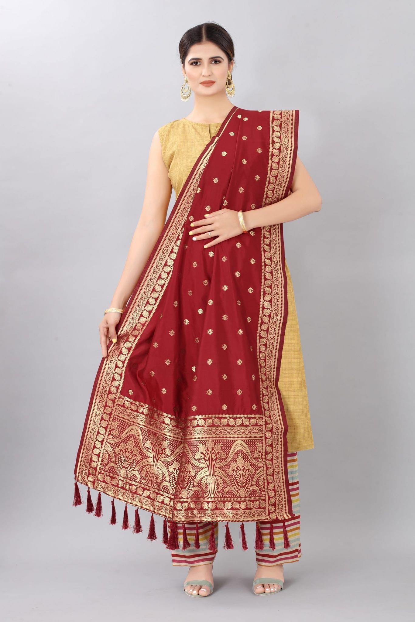 Red &amp; Gold-Coloured Woven Design Jacquard Banarasi Dupatta
