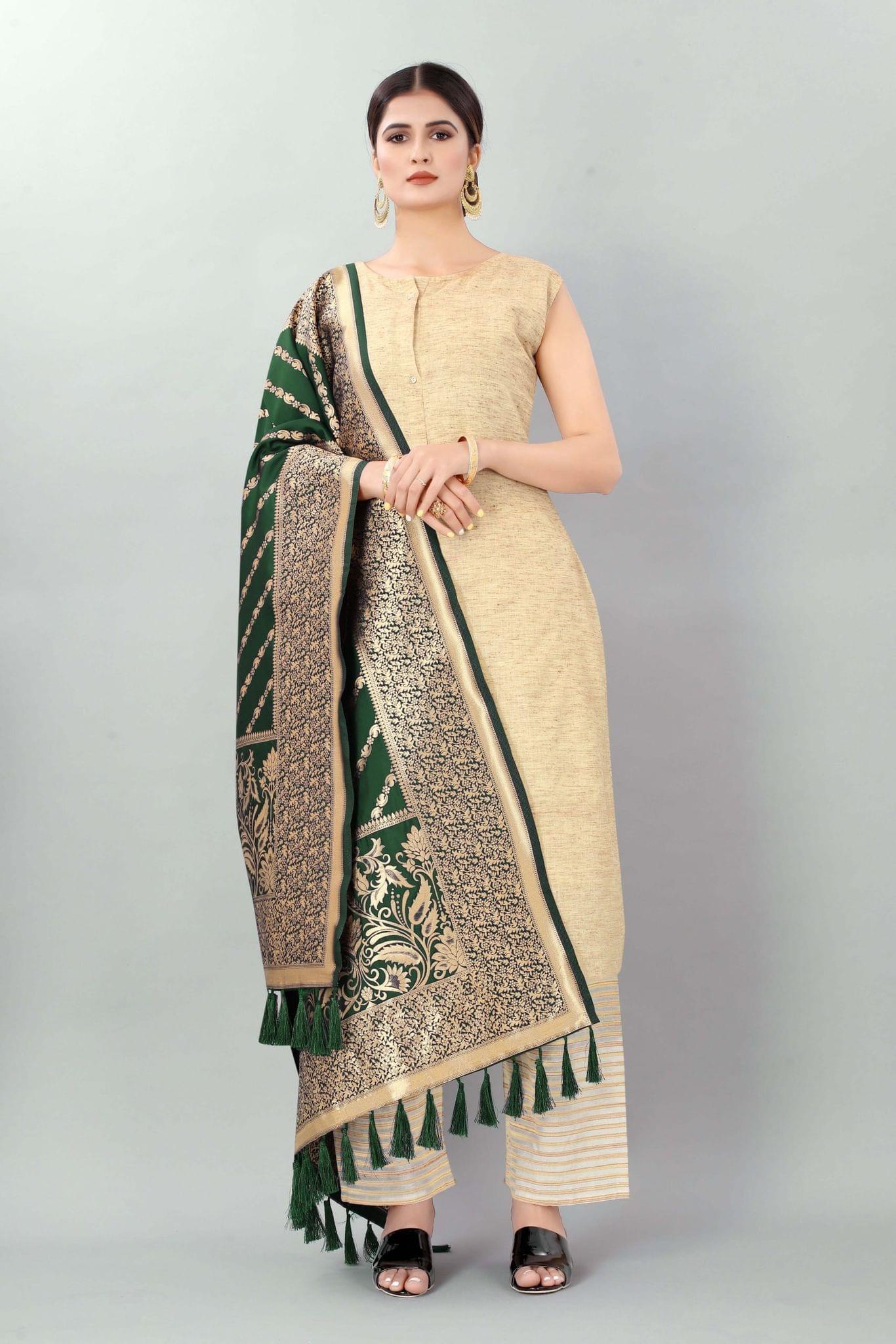 Women Dark Green &amp; Gold Coloured Striped Dupatta
