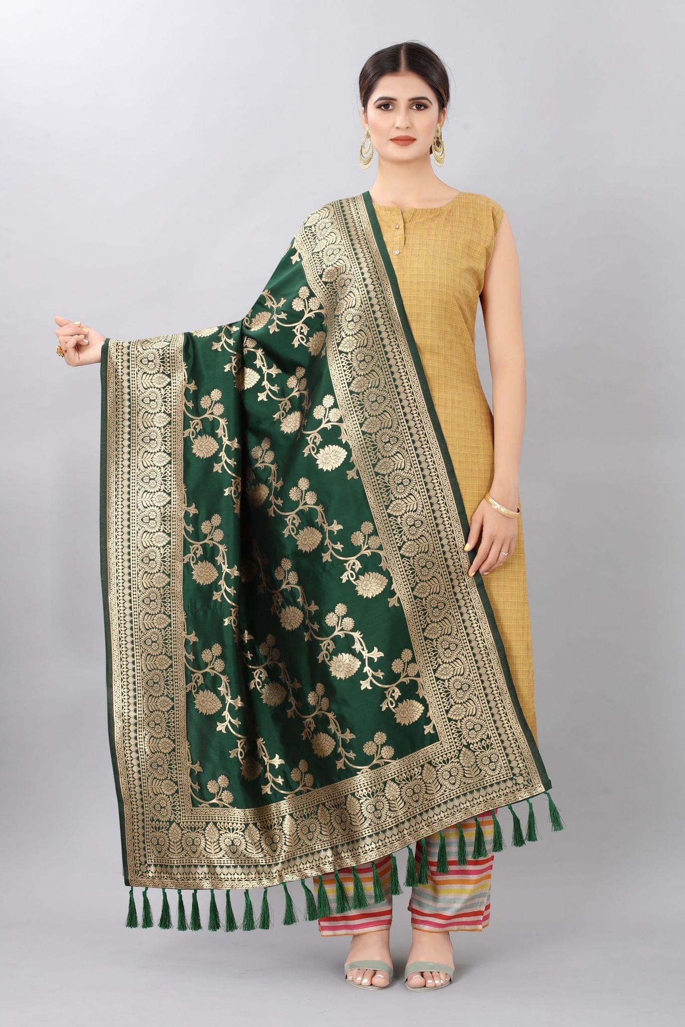 Women Dark Green &amp; Gold Coloured Jacquared Banarasi Dupatta