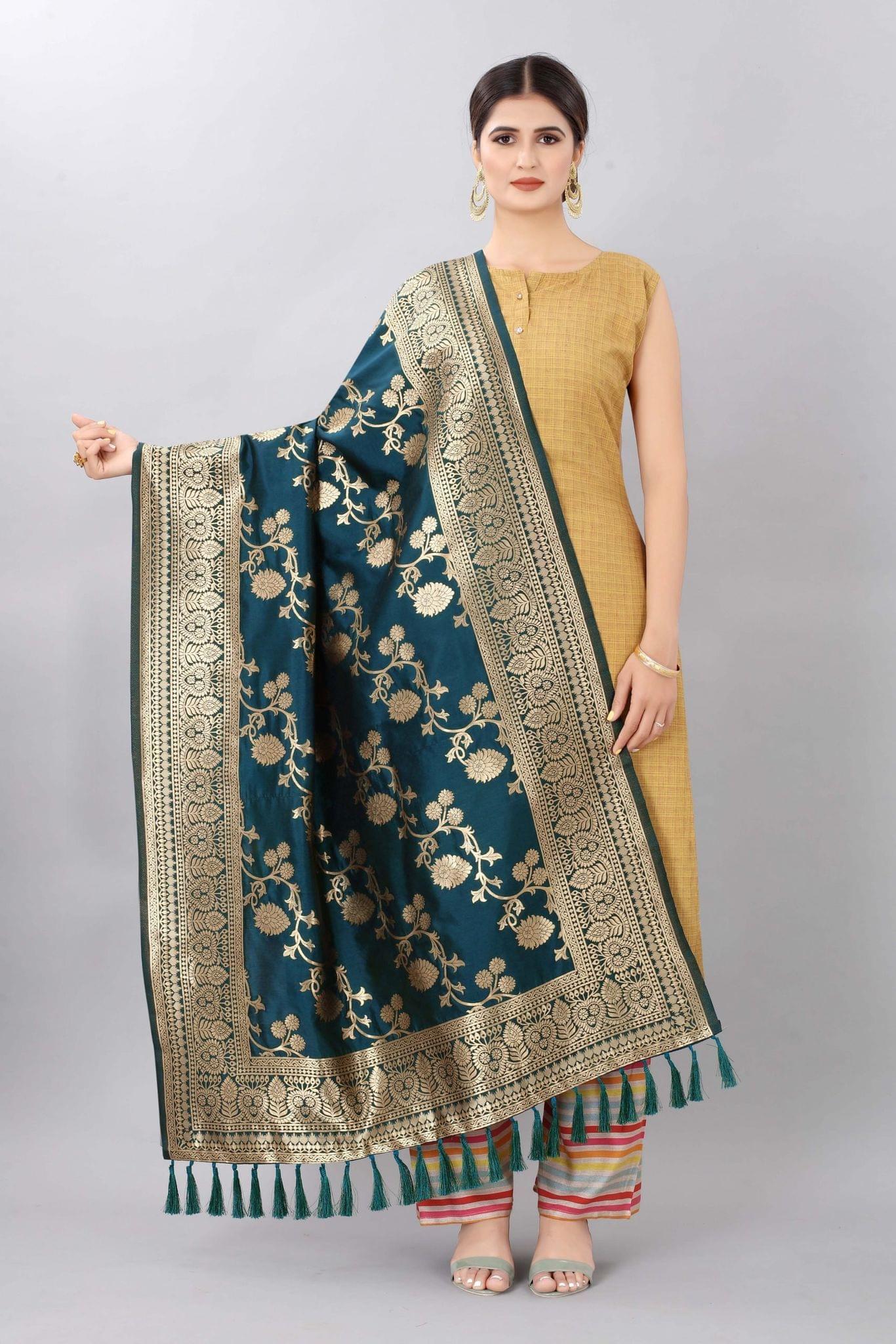 Women Dark Blue &amp; Gold Coloured Jacquard Banarasi Dupatta
