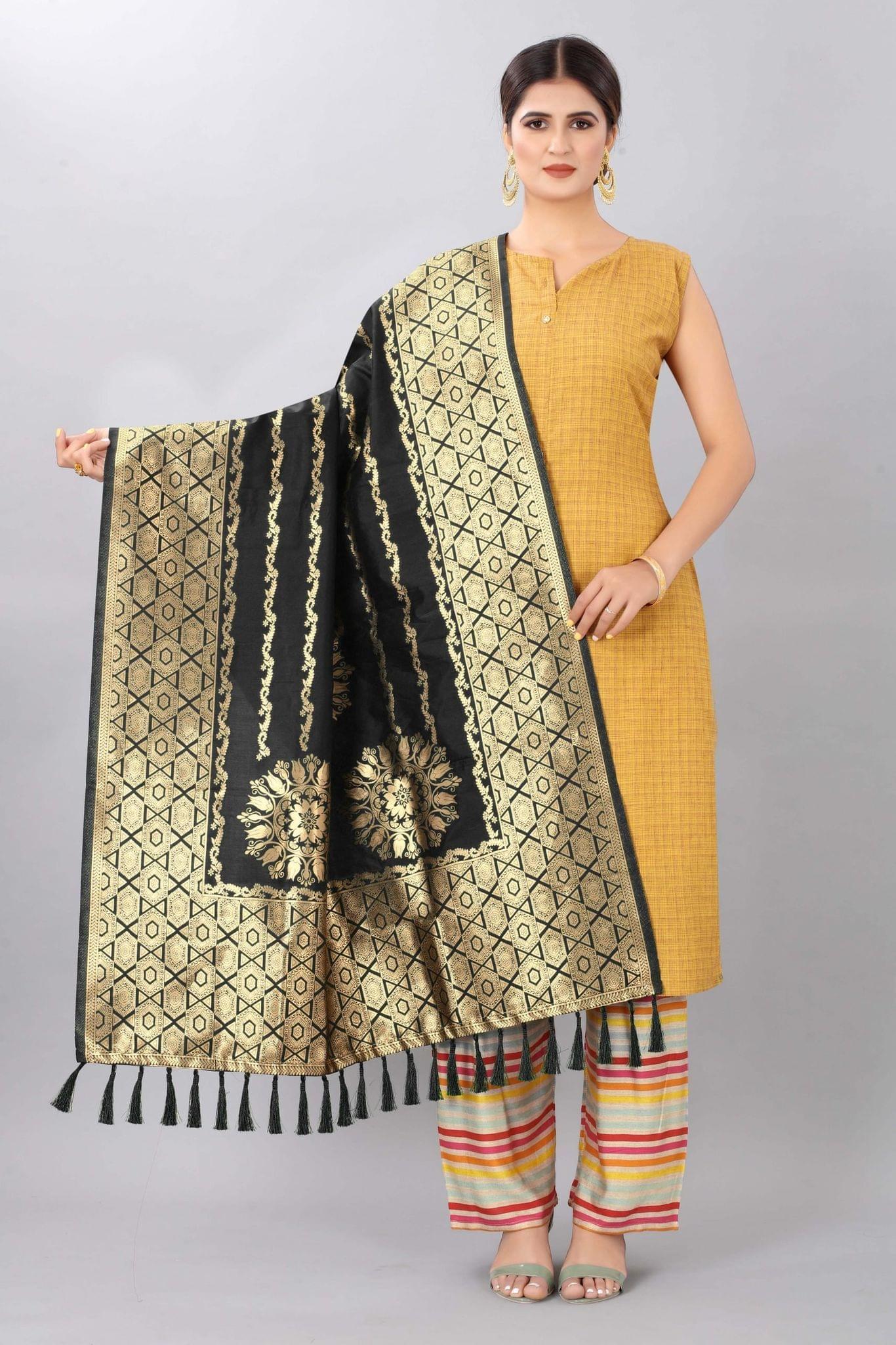 Women Black &amp; Gold Toned Jacquared Banarasi Dupatta