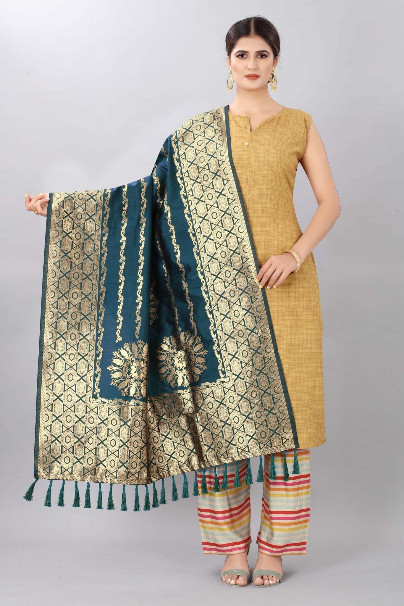 Women Dark Blue &amp; Gold  Toned Jacquared Banarasi Dupatta