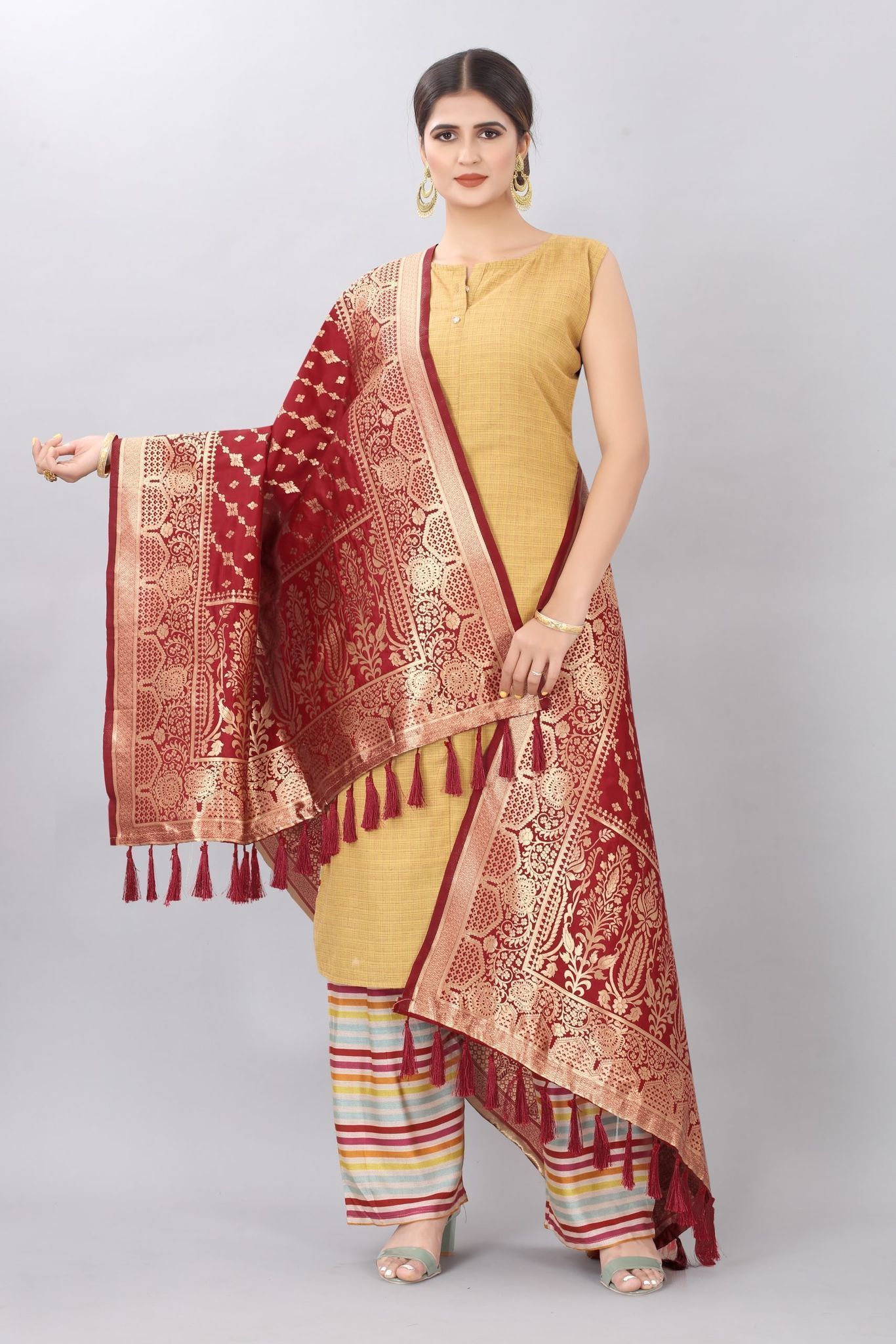 Red-Gold Toned Woven Design Banarasi Dupatta