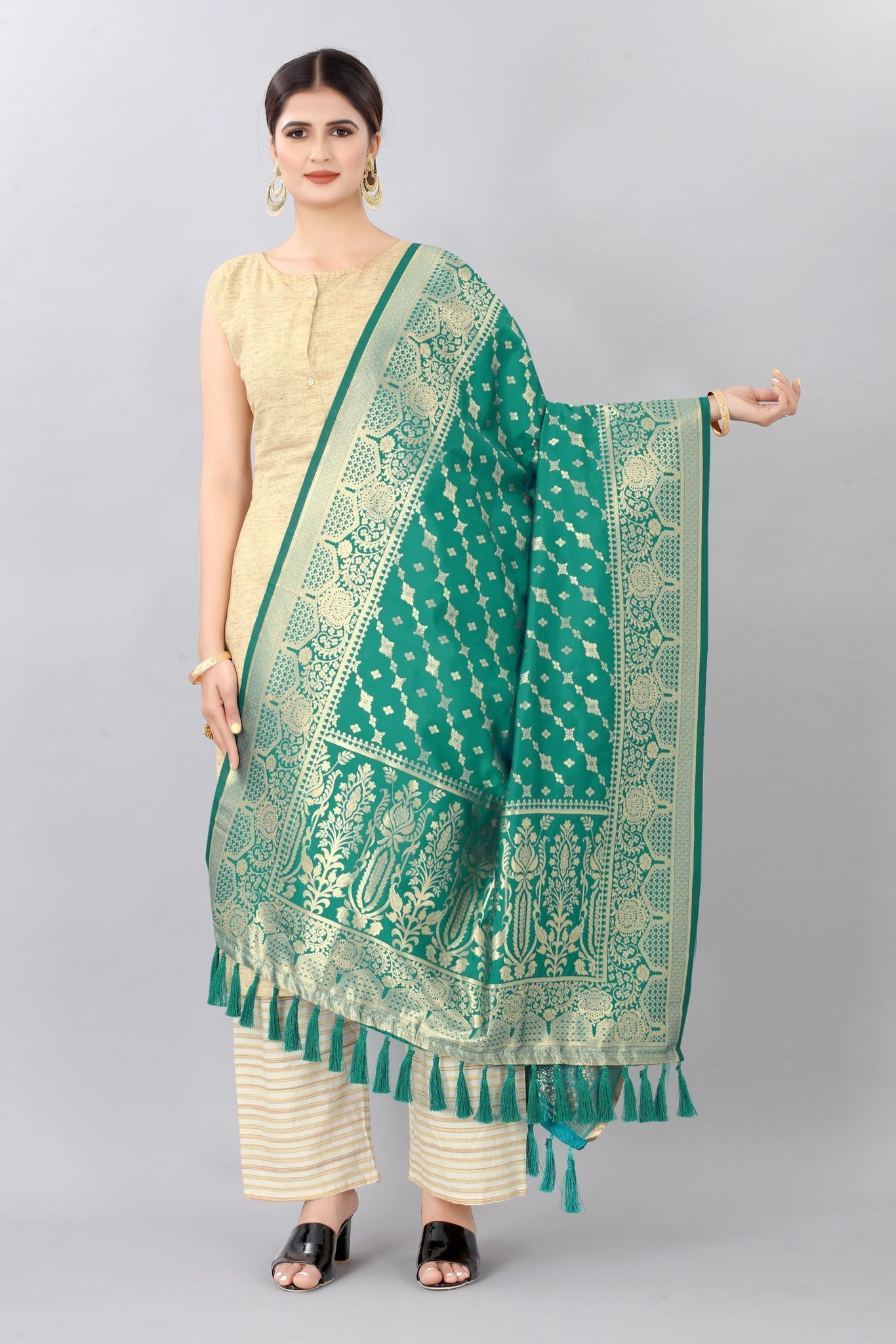 Rama-Gold Toned Woven Design Banarasi Dupatta
