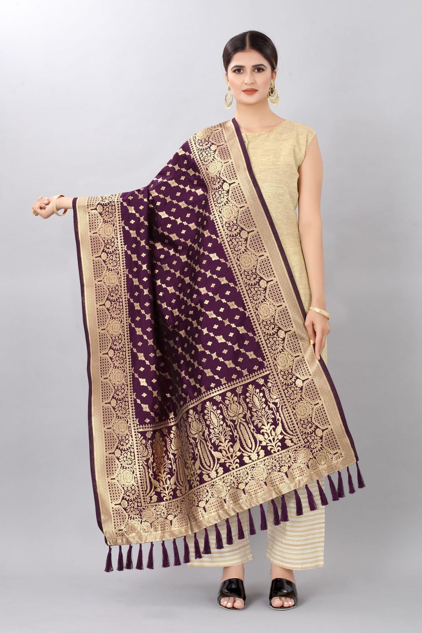 Burgandy-Gold Toned Woven Design Banarasi Dupatta