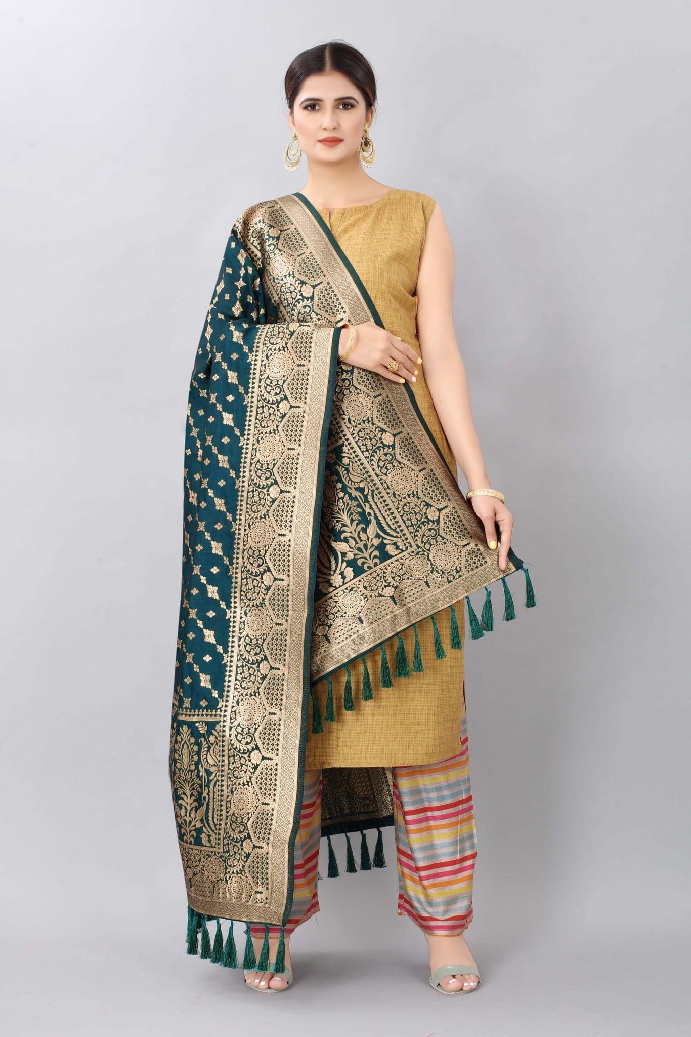 Dark Blue-Gold Toned Woven Design Banarasi Dupatta