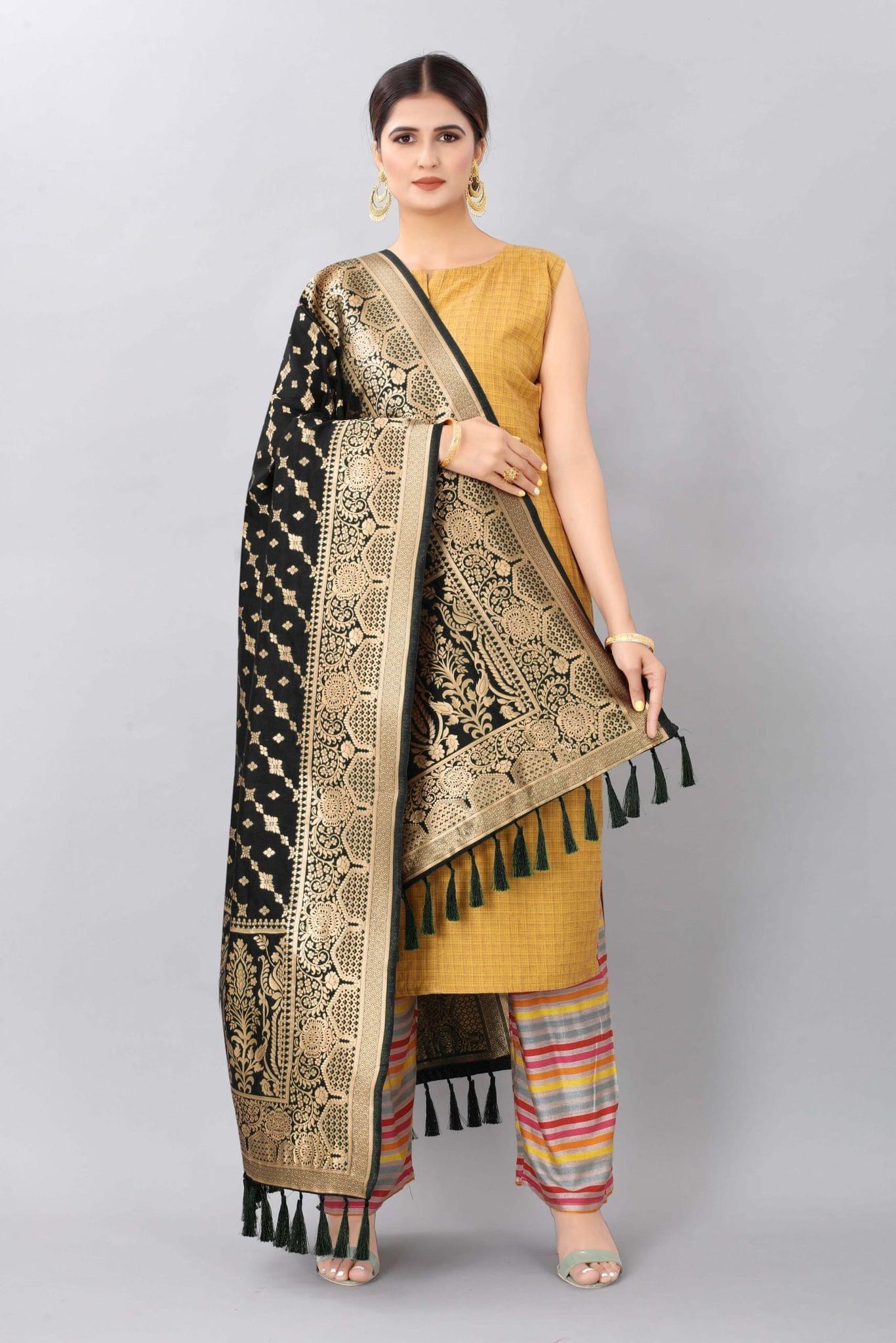 Black-Gold Toned Woven Design Banarasi Dupatta