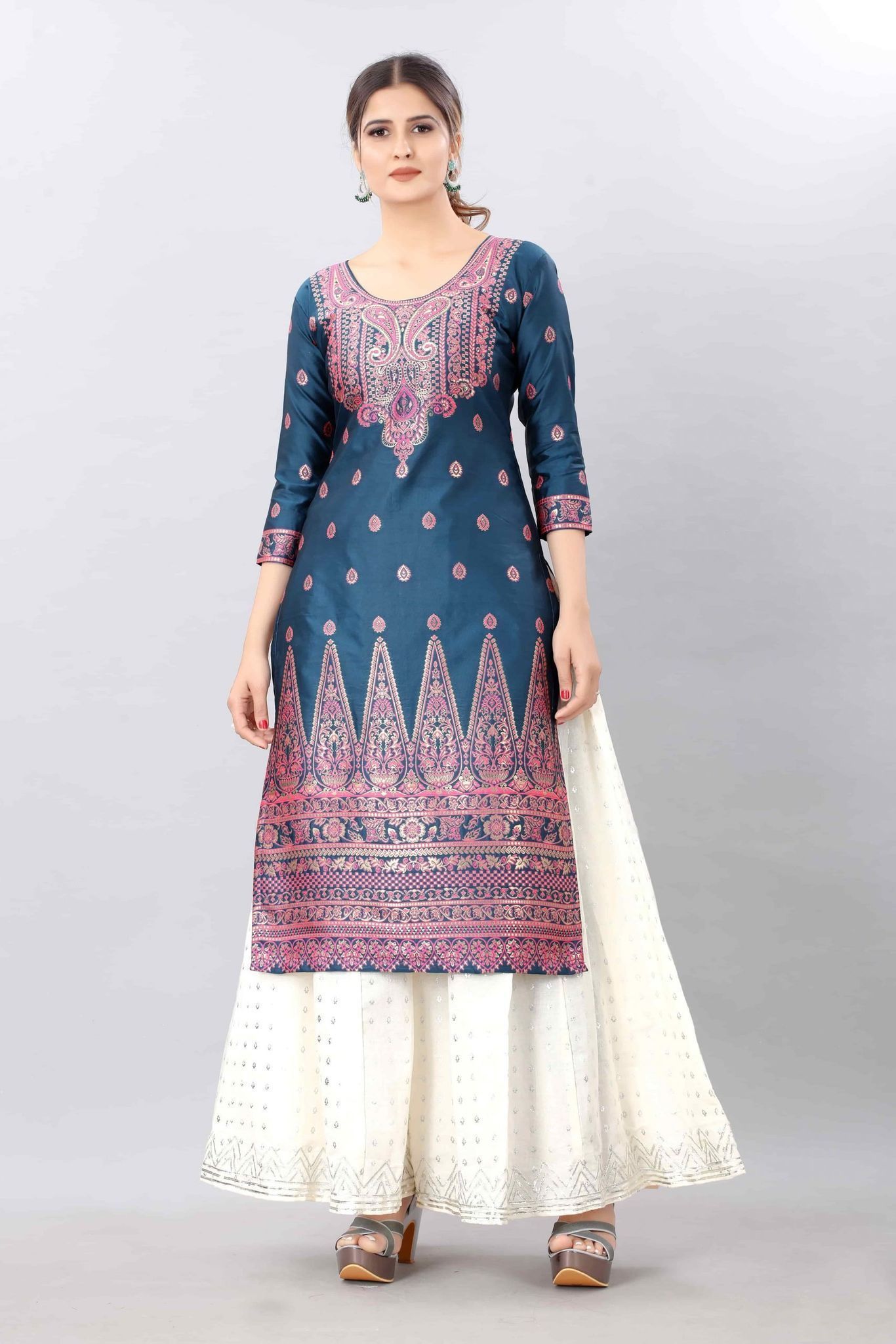 Blue-God Toned Unstitched Woven Design Dress Material