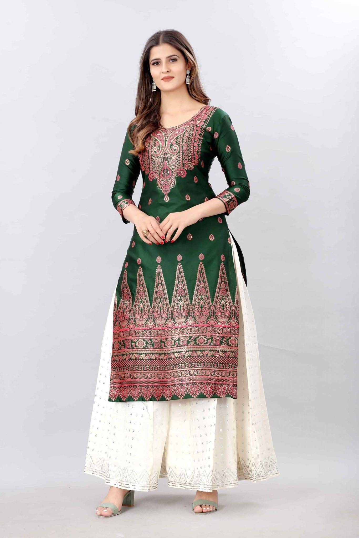 Green-God Toned Unstitched Woven Design Dress Material