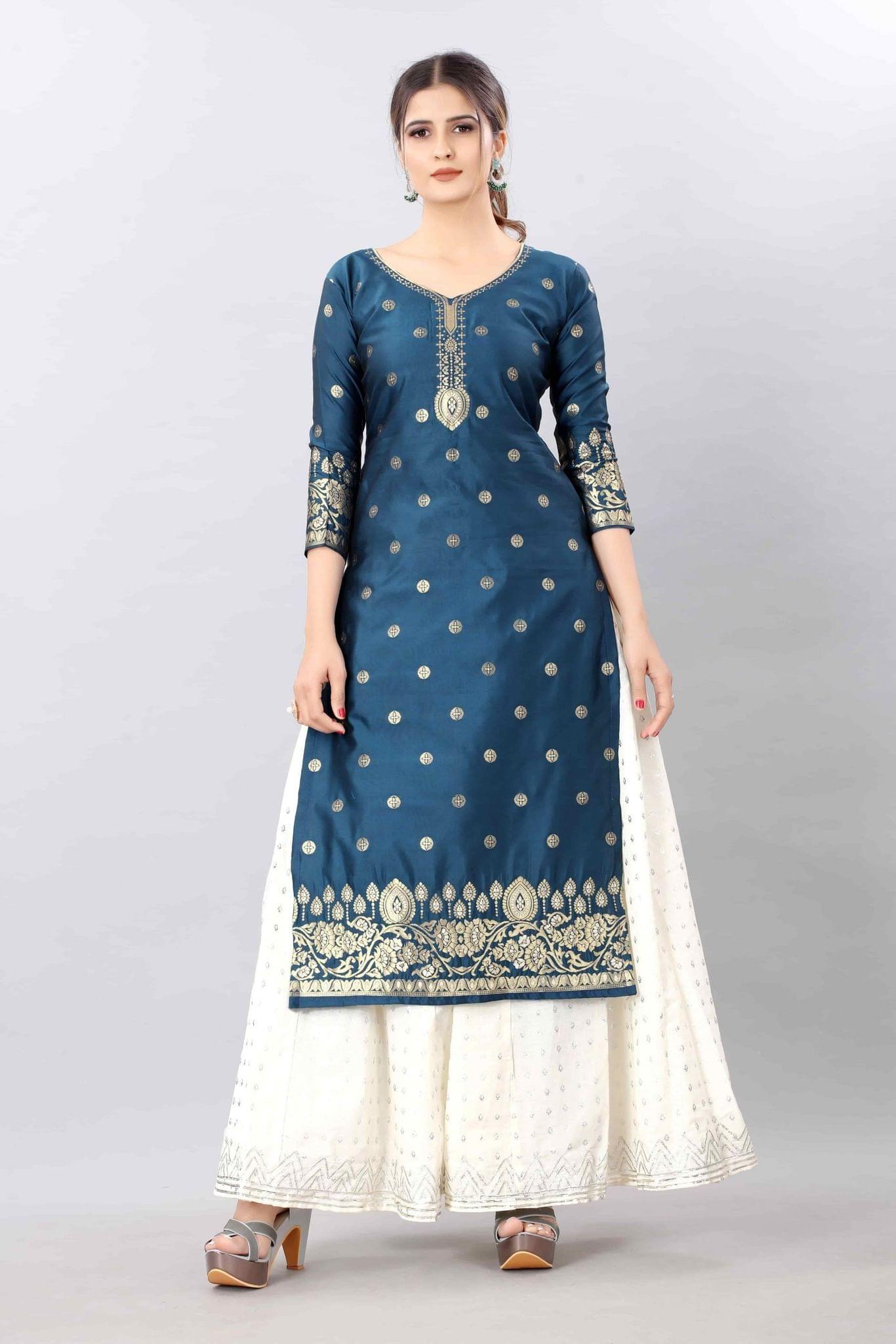 Blue-God Toned Unstitched Woven Design Dress Material