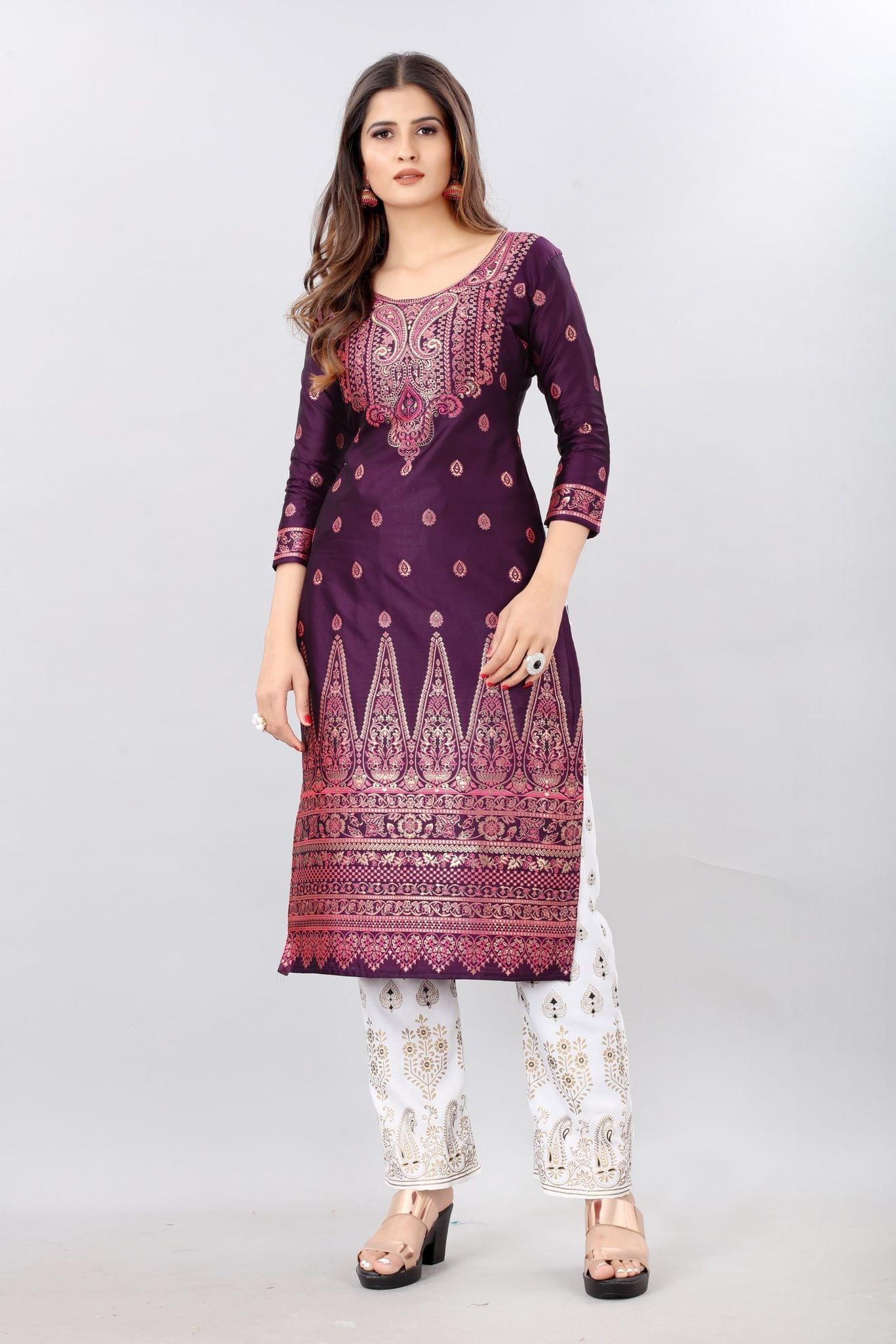 Purple-Gold Toned Unstitched Woven Design Dress Material