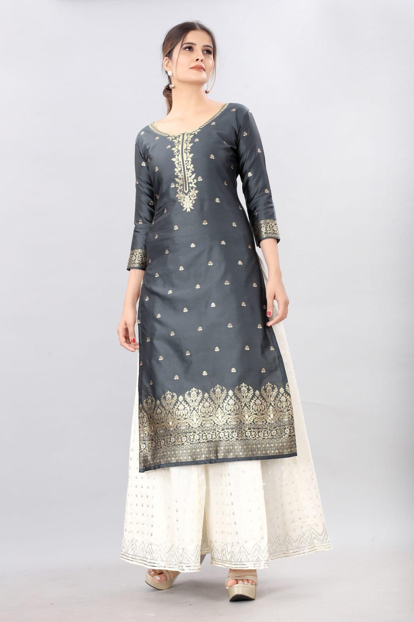 Grey-God Toned Unstitched Woven Design Dress Material