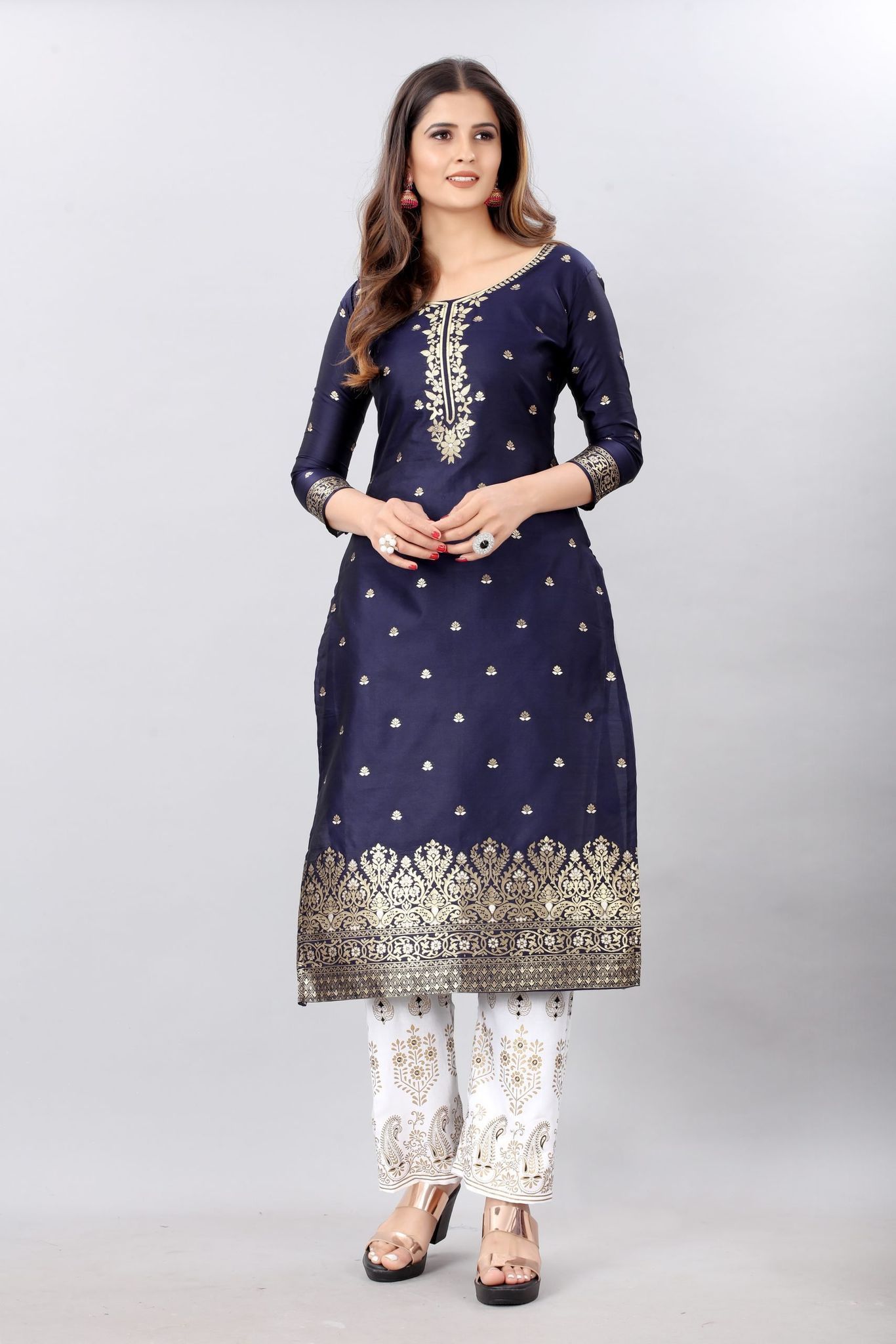 Navy Blue-Gold Toned Unstiched Woven Design Dress Material
