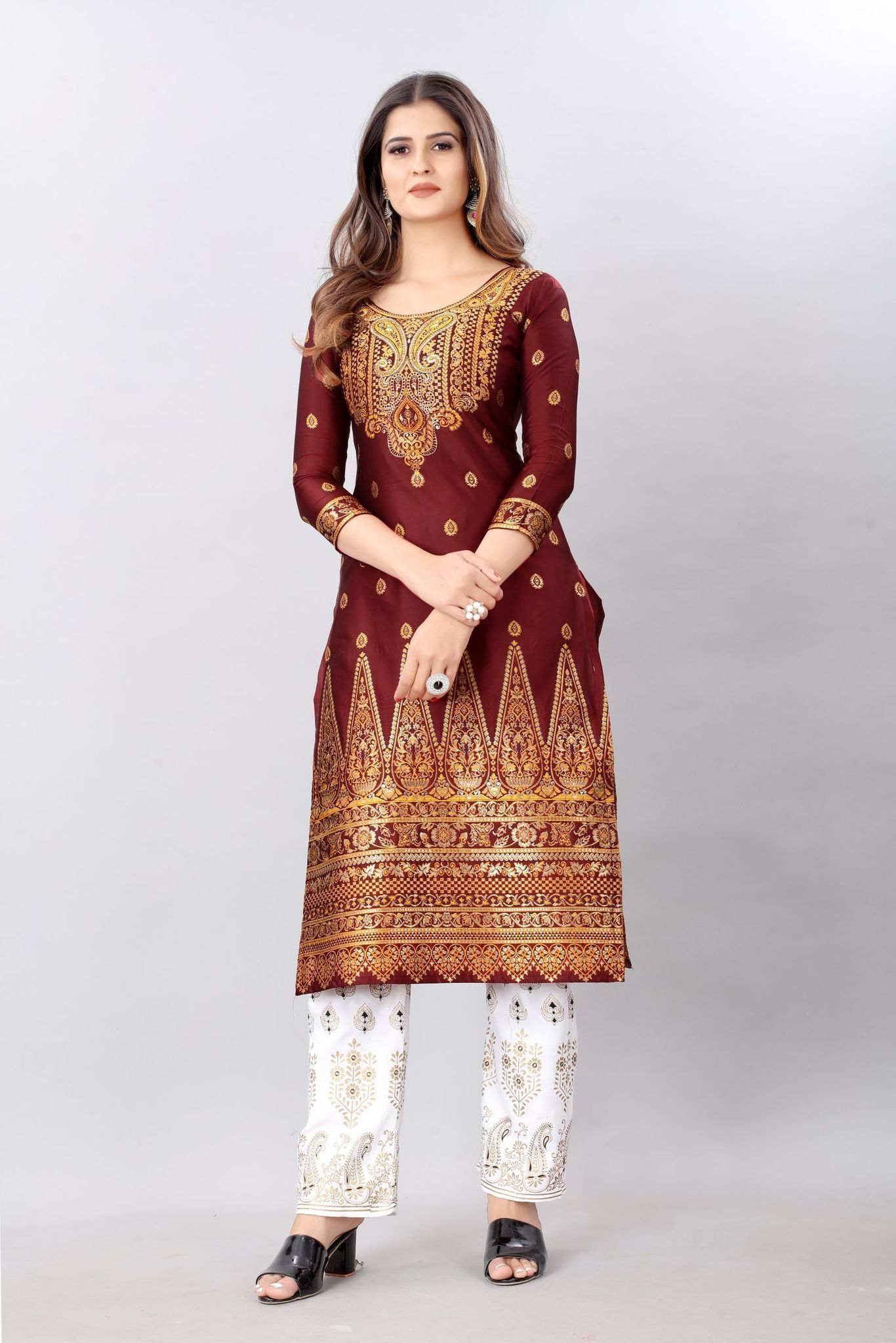Red-Gold Toned Unstiched Woven Design Dress Material