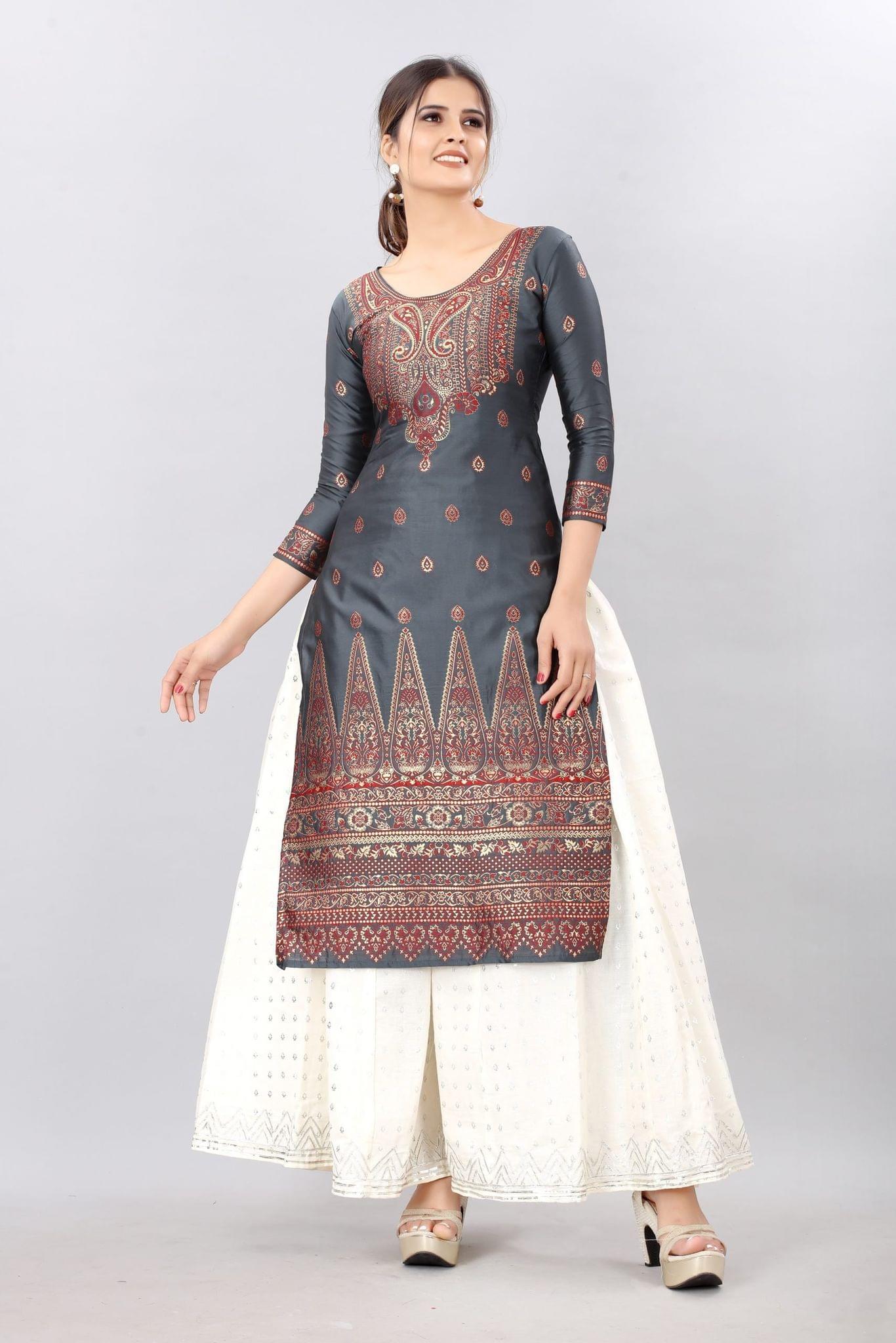Grey-God Toned Unstitched Woven Design Dress Material