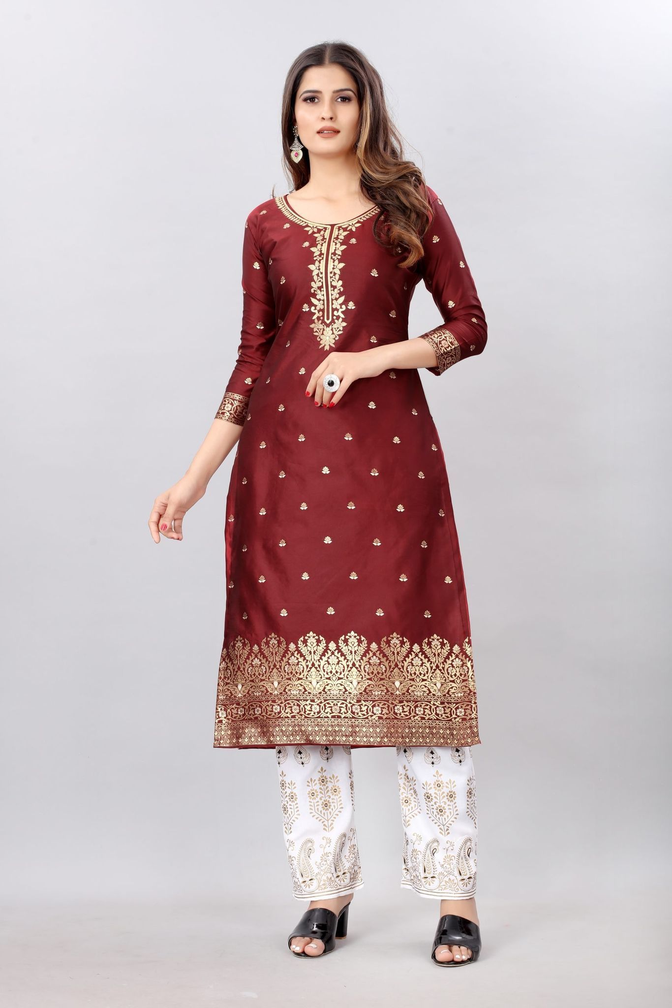 Red-Gold Toned Unstiched Woven Design Dress Material