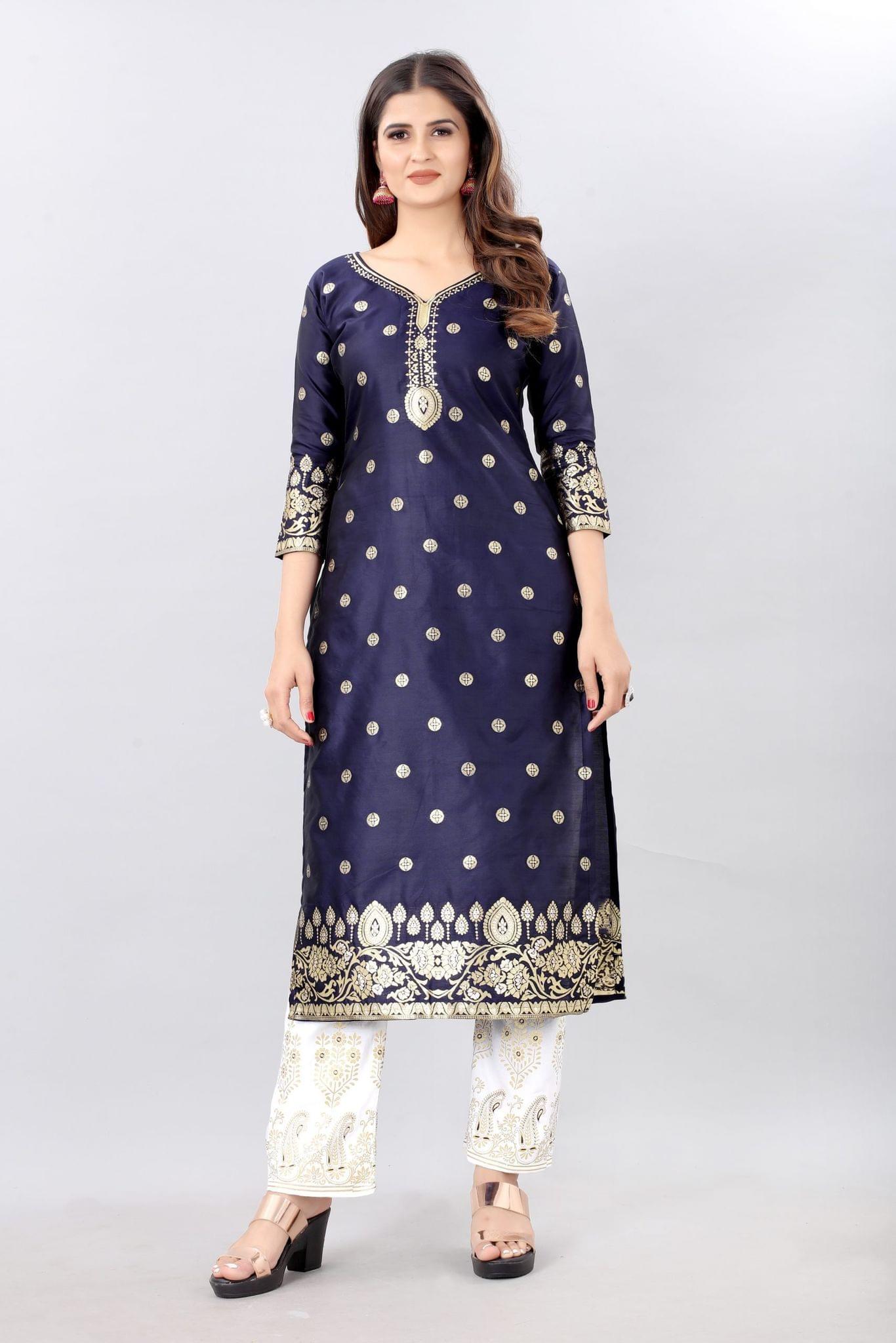 Navy Blue-God Toned Unstitched Woven Design Dress Material