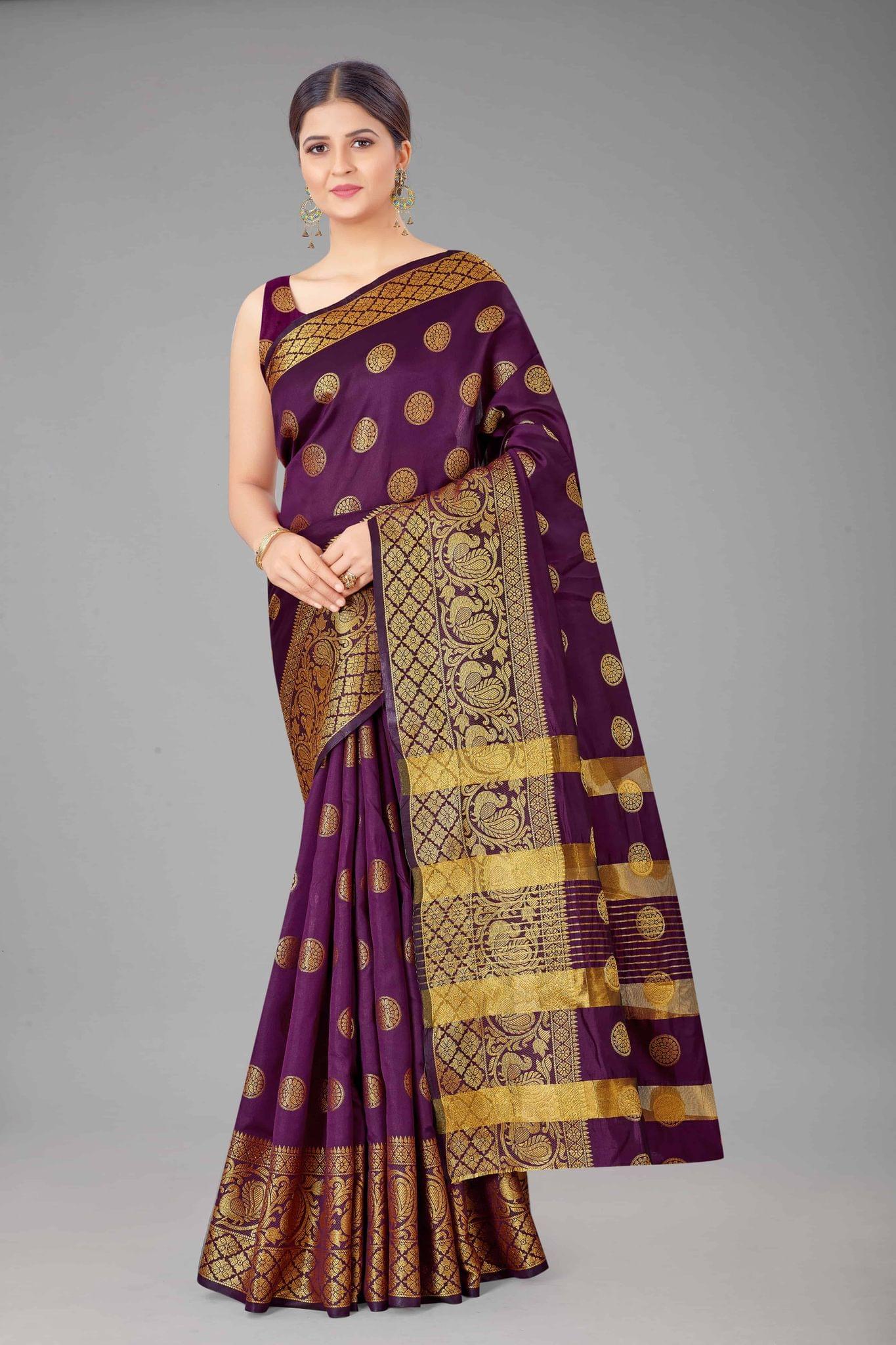 Women's Banarasi Soft Silk Golden Touch Woven Wine Saree