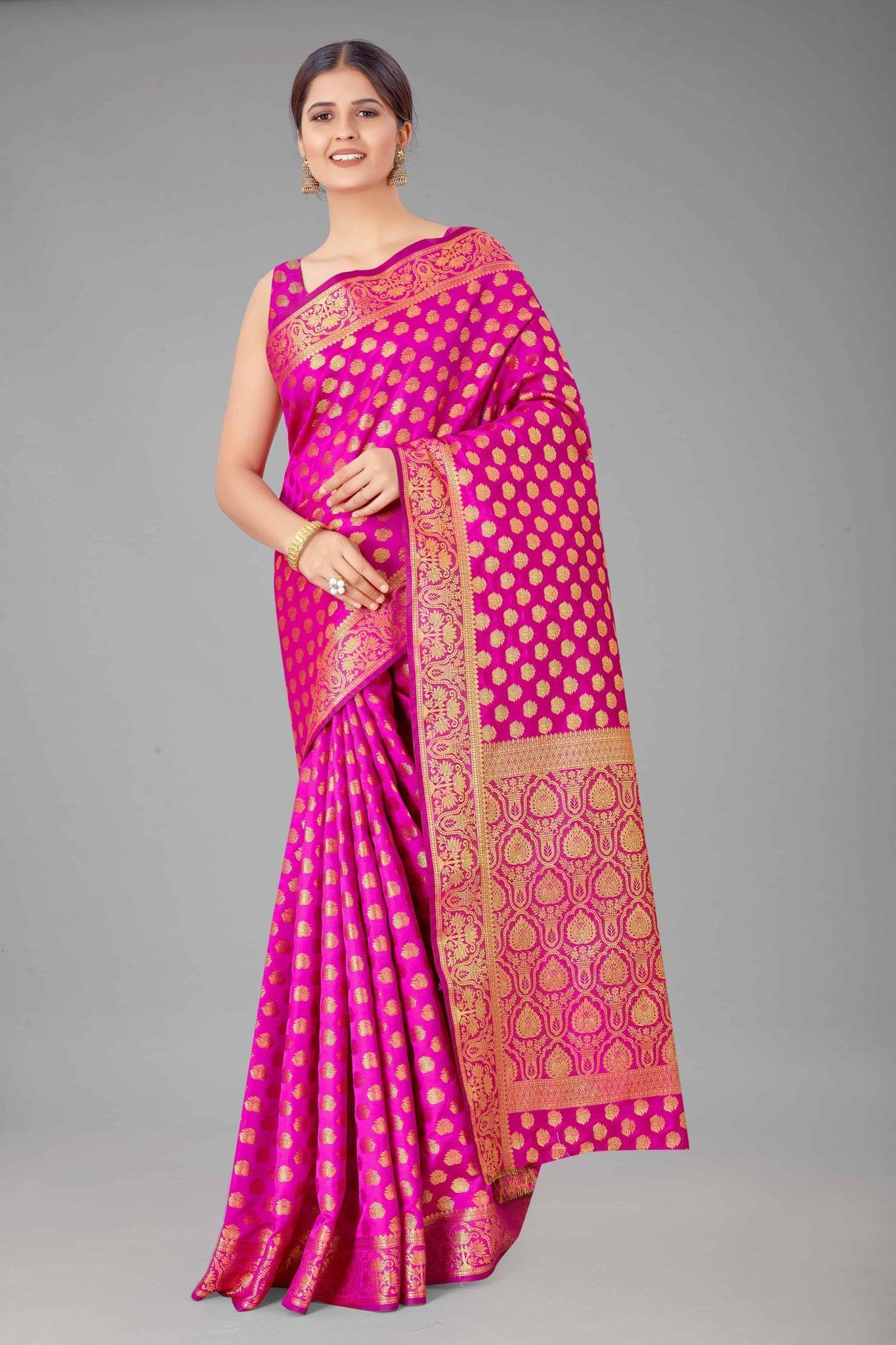 Women's Banarasi Silk Golden Zari Touch Woven Pink Saree