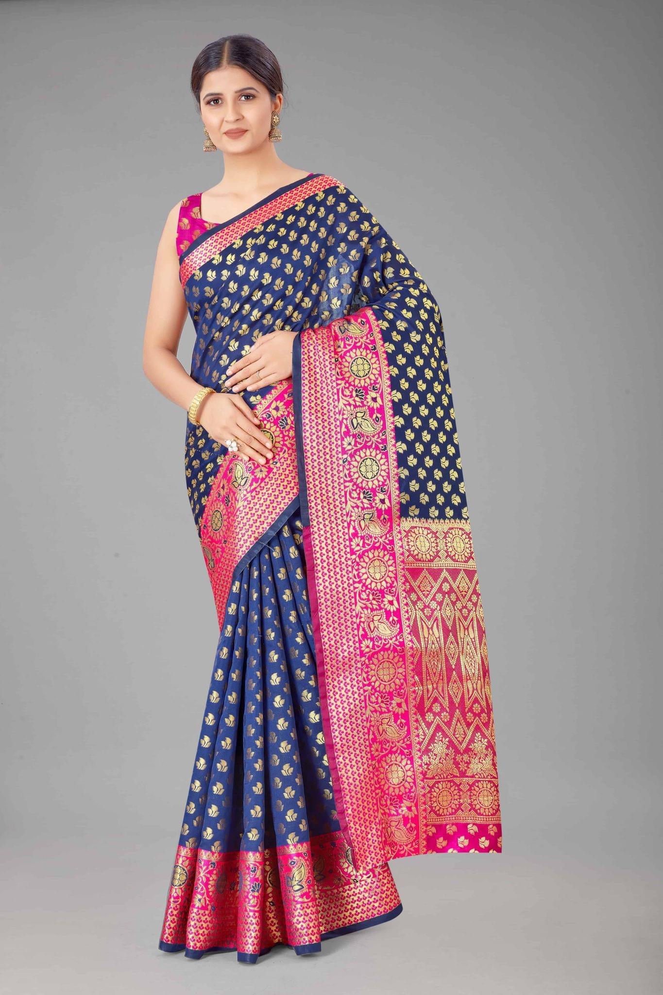 Women's Banarasi Silk Golden Zari Touch Woven Blue Saree