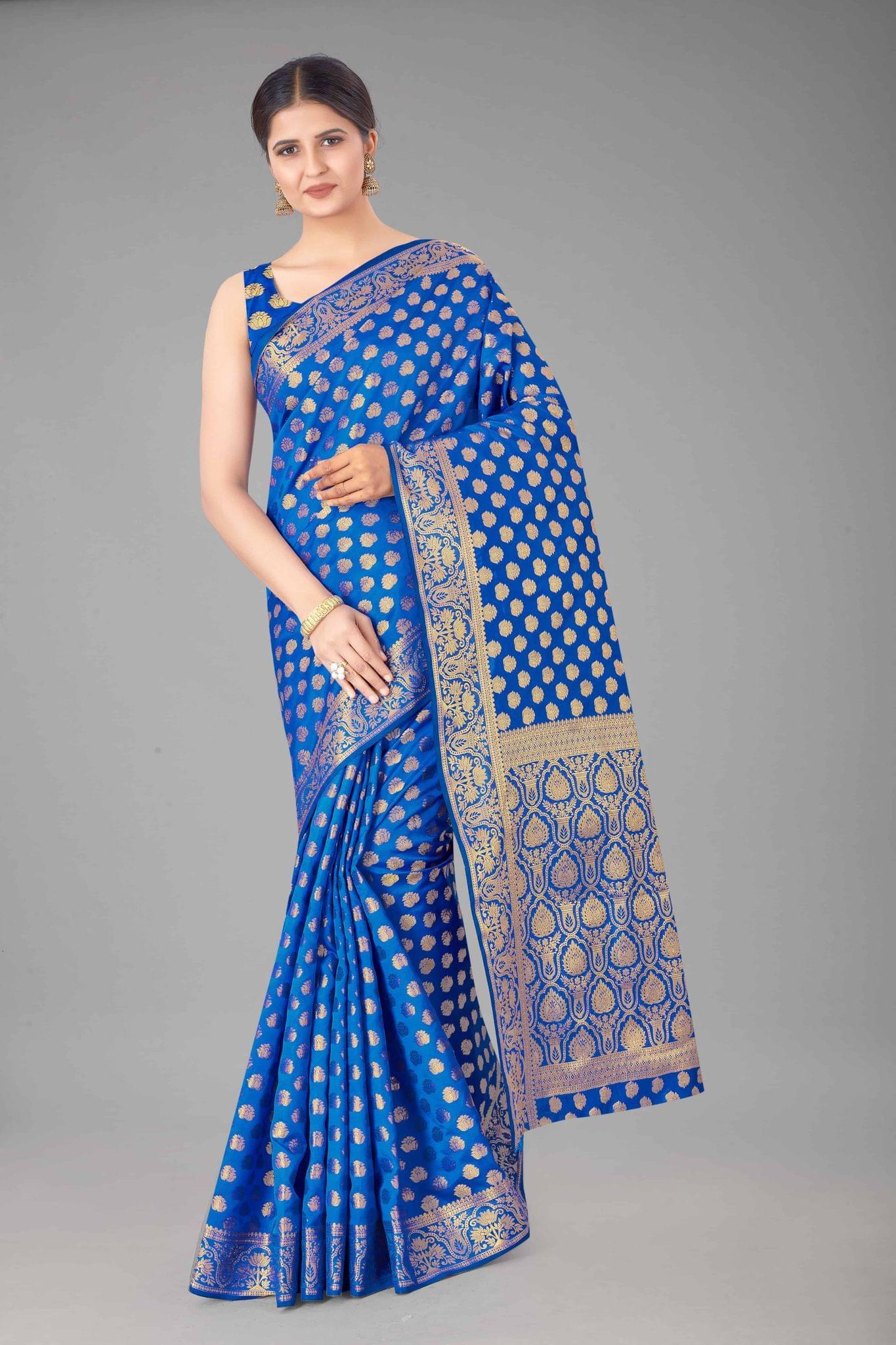 Women's Banarasi Silk Golden Zari Touch Woven Blue Saree