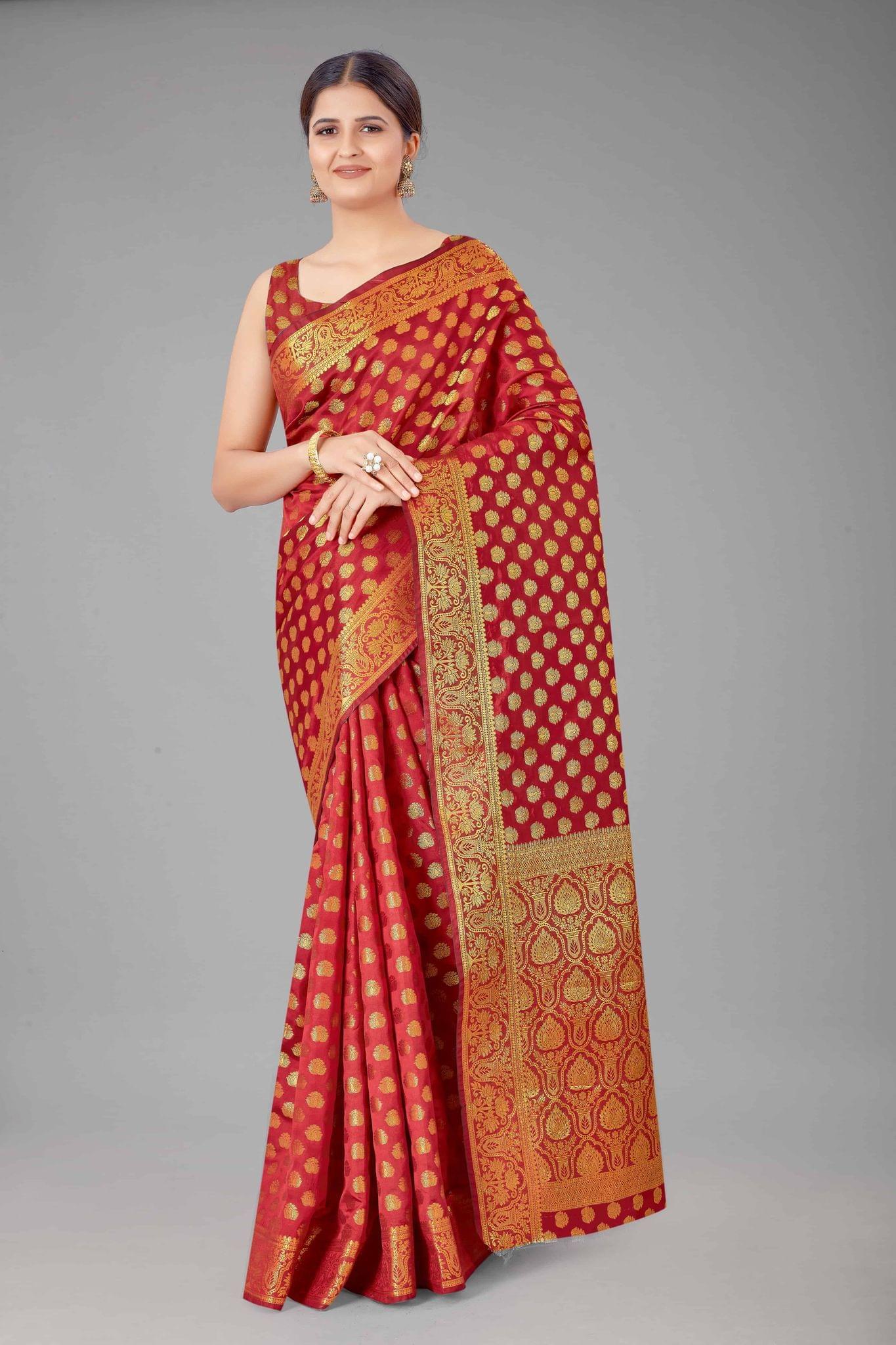 Women's Banarasi Silk Golden Zari Touch Woven Red Saree
