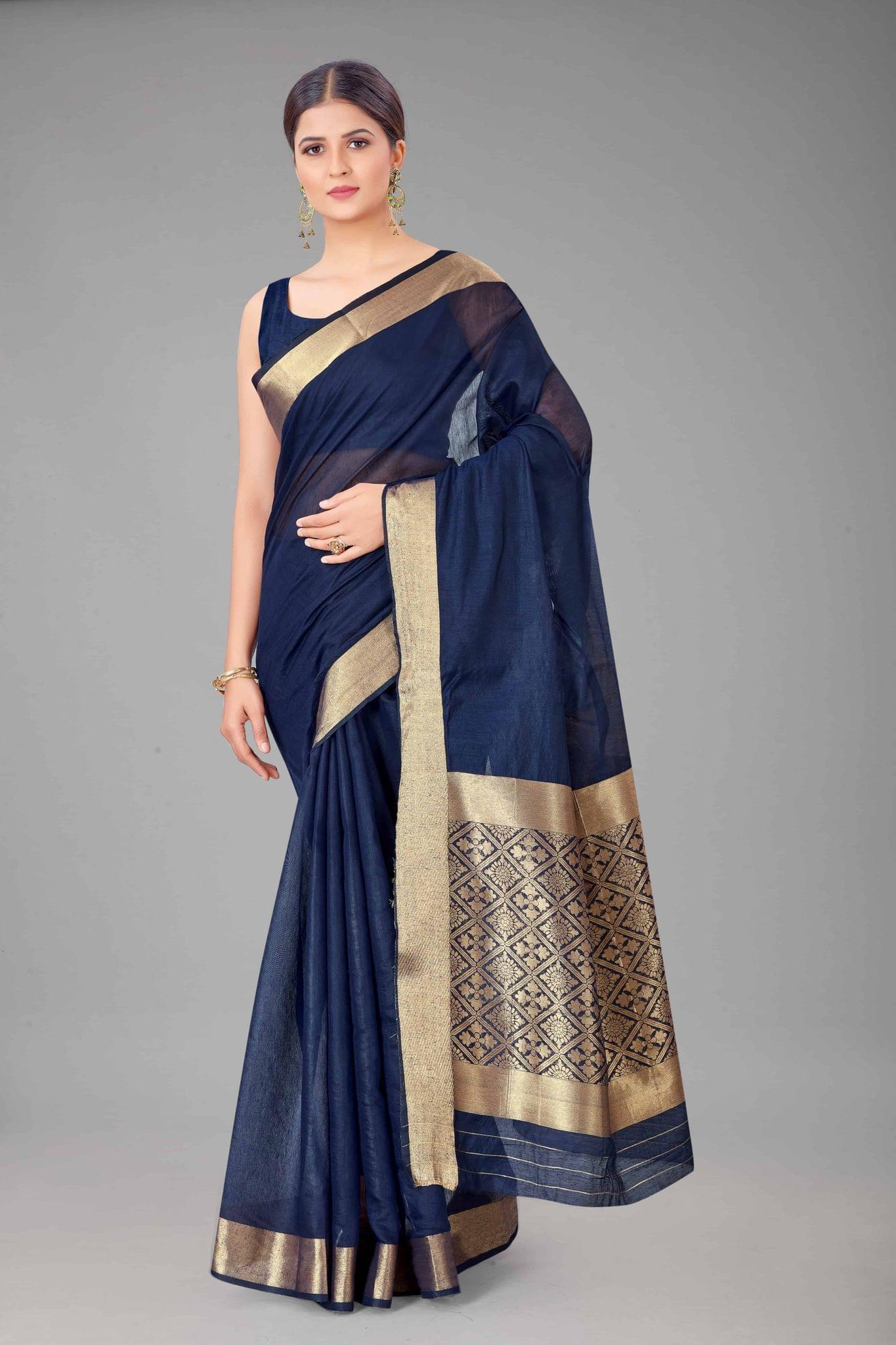 Women's Pure Cotton Golden Zari Touch Woven Navy Blue Saree