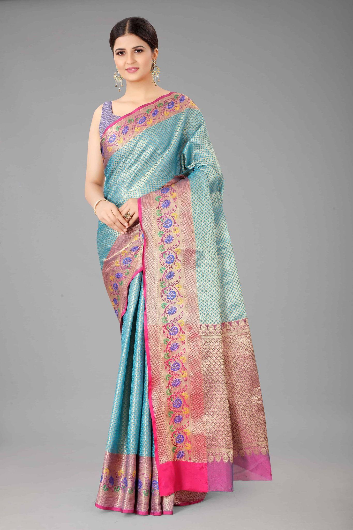 Women's Pure Kanjeevaram Woven Teal Saree