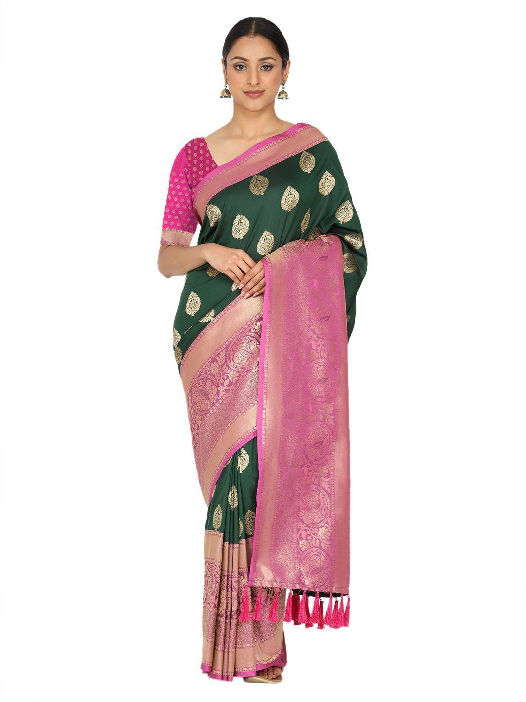 Green-Gold Toned Woven Design Banarasi Silk Saree