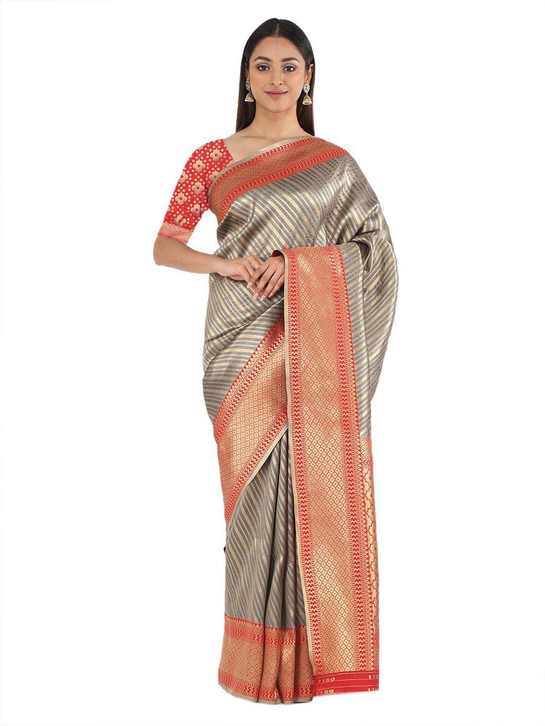 Grey Gold Toned Woven Design Kanjeewarm Silk Saree