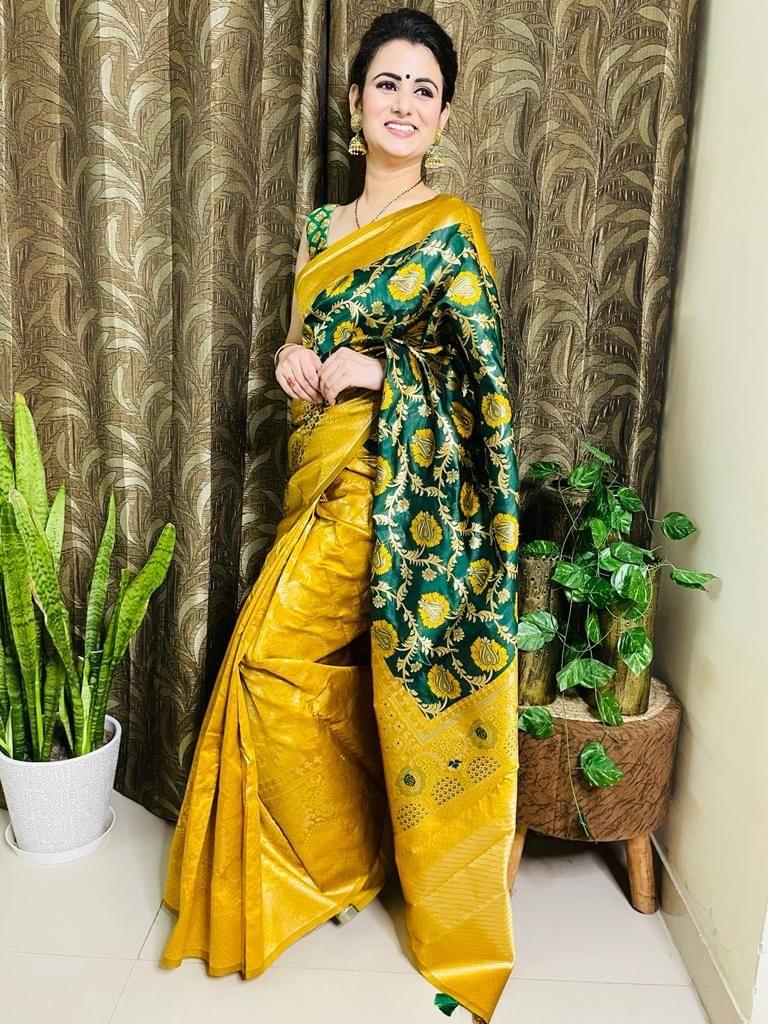 Yellow & Green with Gold Touch Kanjeevaram Silk Woven Saree