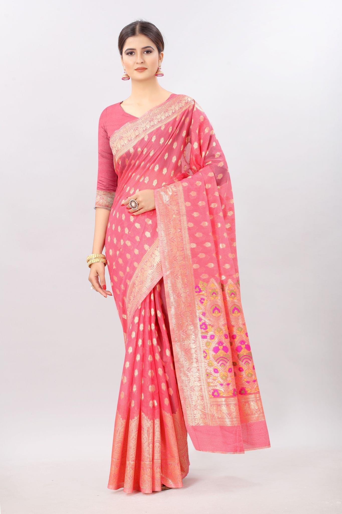 Women'sPinkCottonWovenSaree