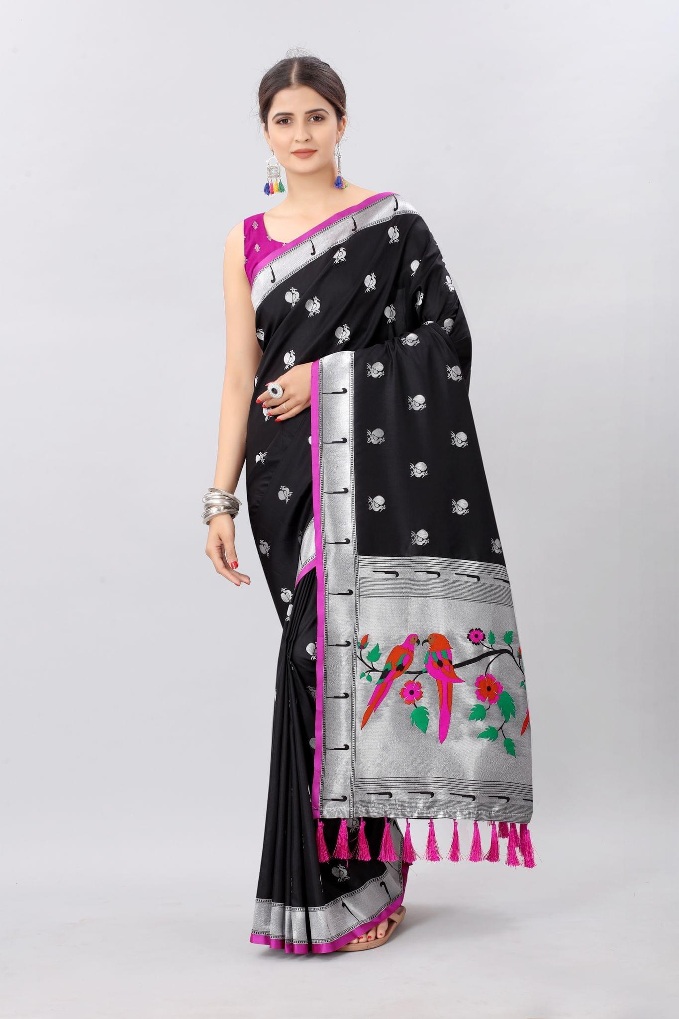 Black &amp; Gold Toned Woven Soft Silk Banarasi Saree
