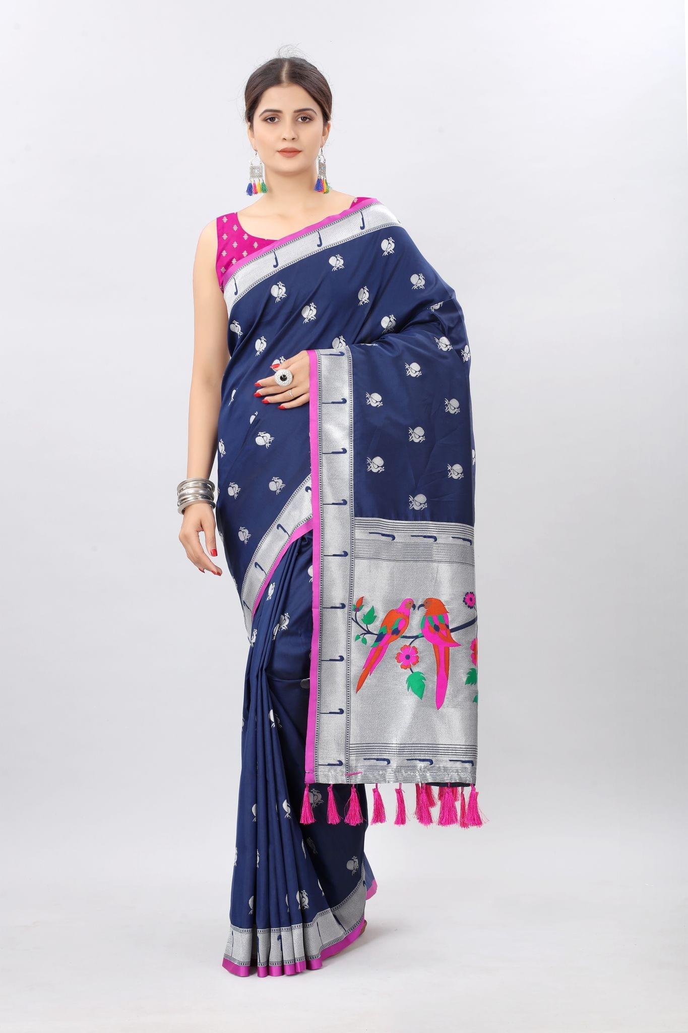 Navy Blue &amp; Gold Toned Woven Soft Silk Banarasi Saree