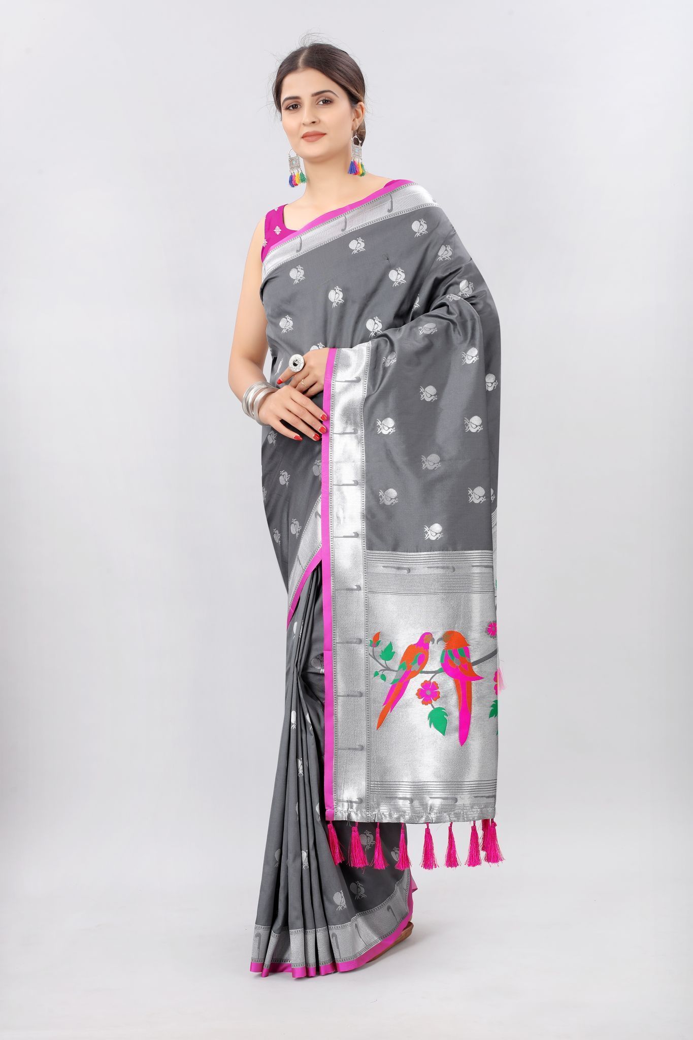 Grey &amp; Gold Toned Woven Soft Silk Banarasi Saree