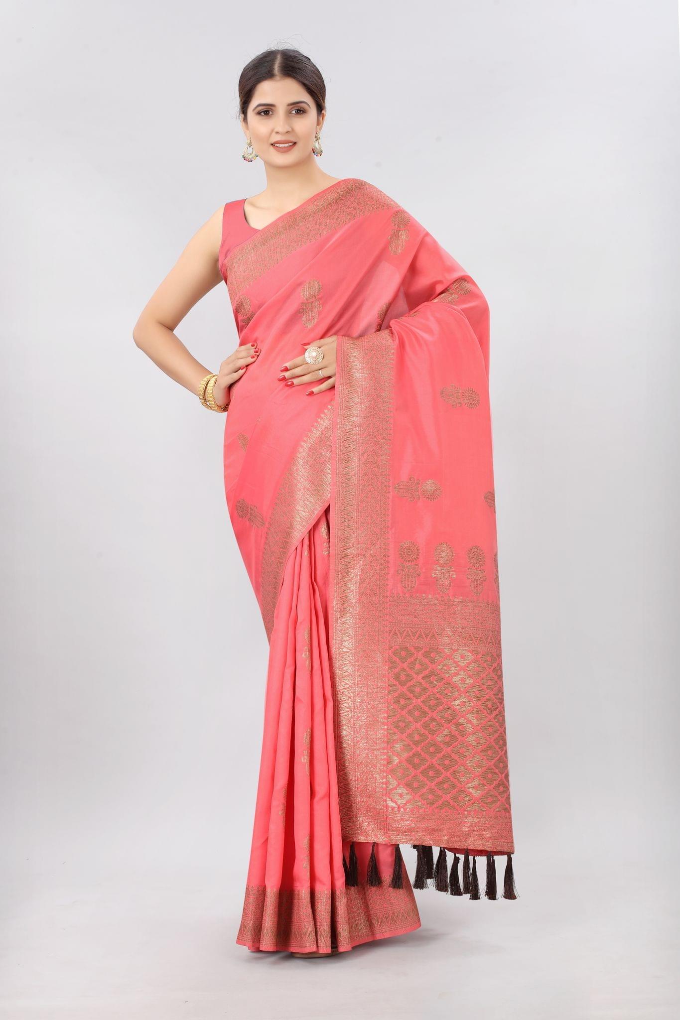 Light Pink &amp; Gold Toned Woven Soft Silk Kanjeevaram Saree