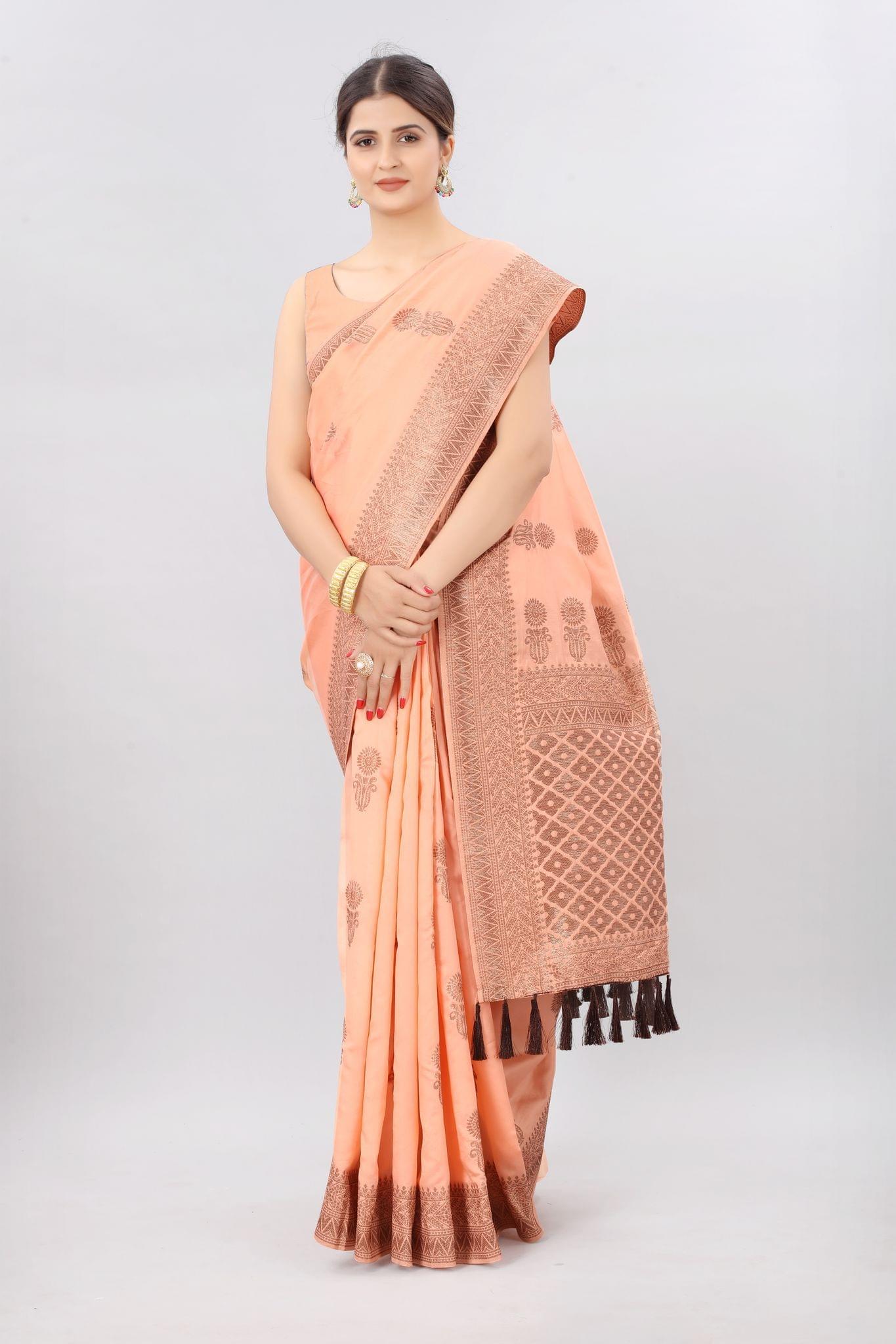 Light Orange &amp; Gold Toned Woven Soft Silk Kanjeevaram Saree