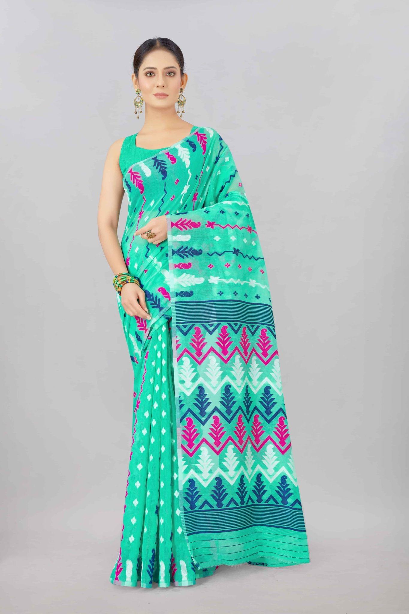 Teal Woven Jamdani Cotton Silk Saree