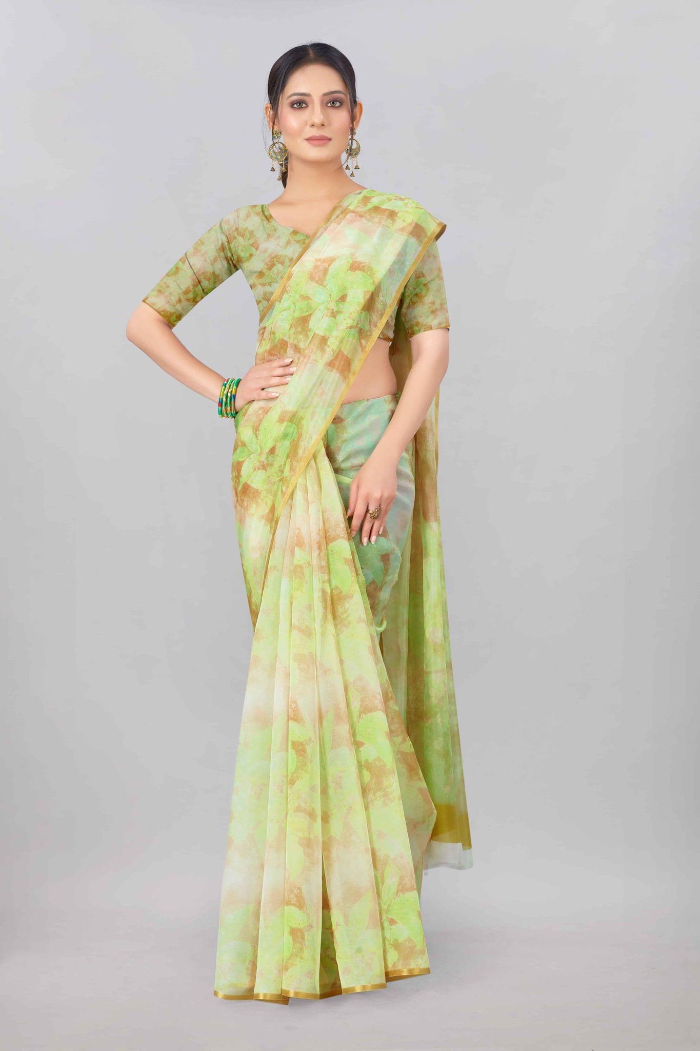 Green Organza Digital Printed Saree with Zari Border