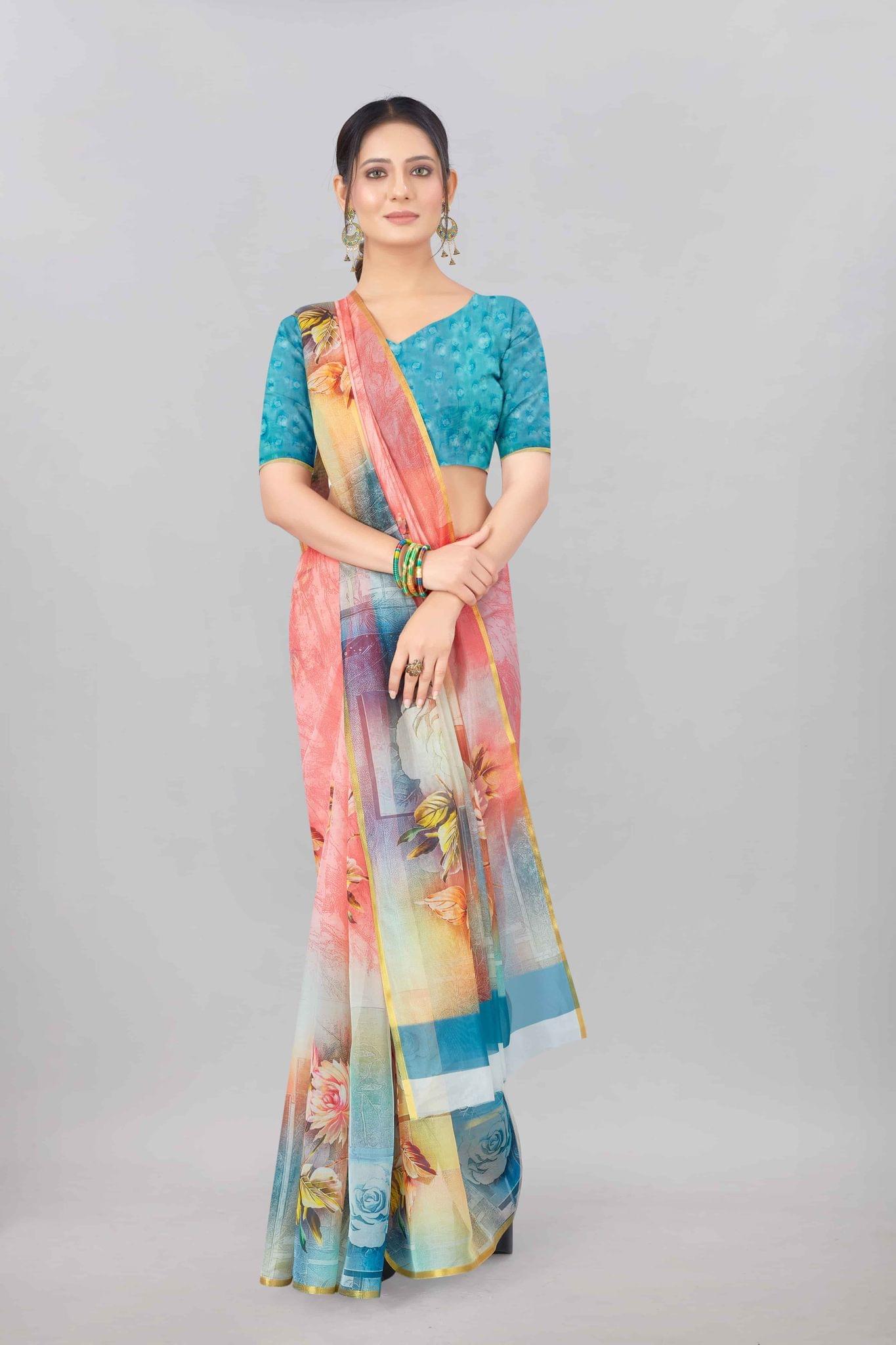 Multicolor Organza Digital Printed Saree with Zari Border