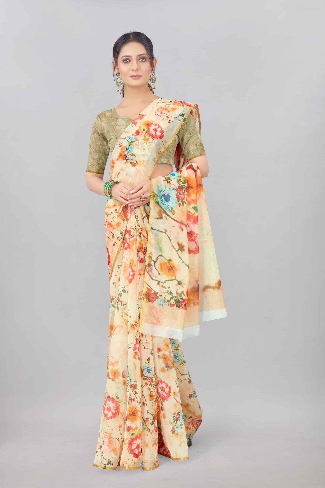 Yellow Organza Digital Printed Saree with Zari Border